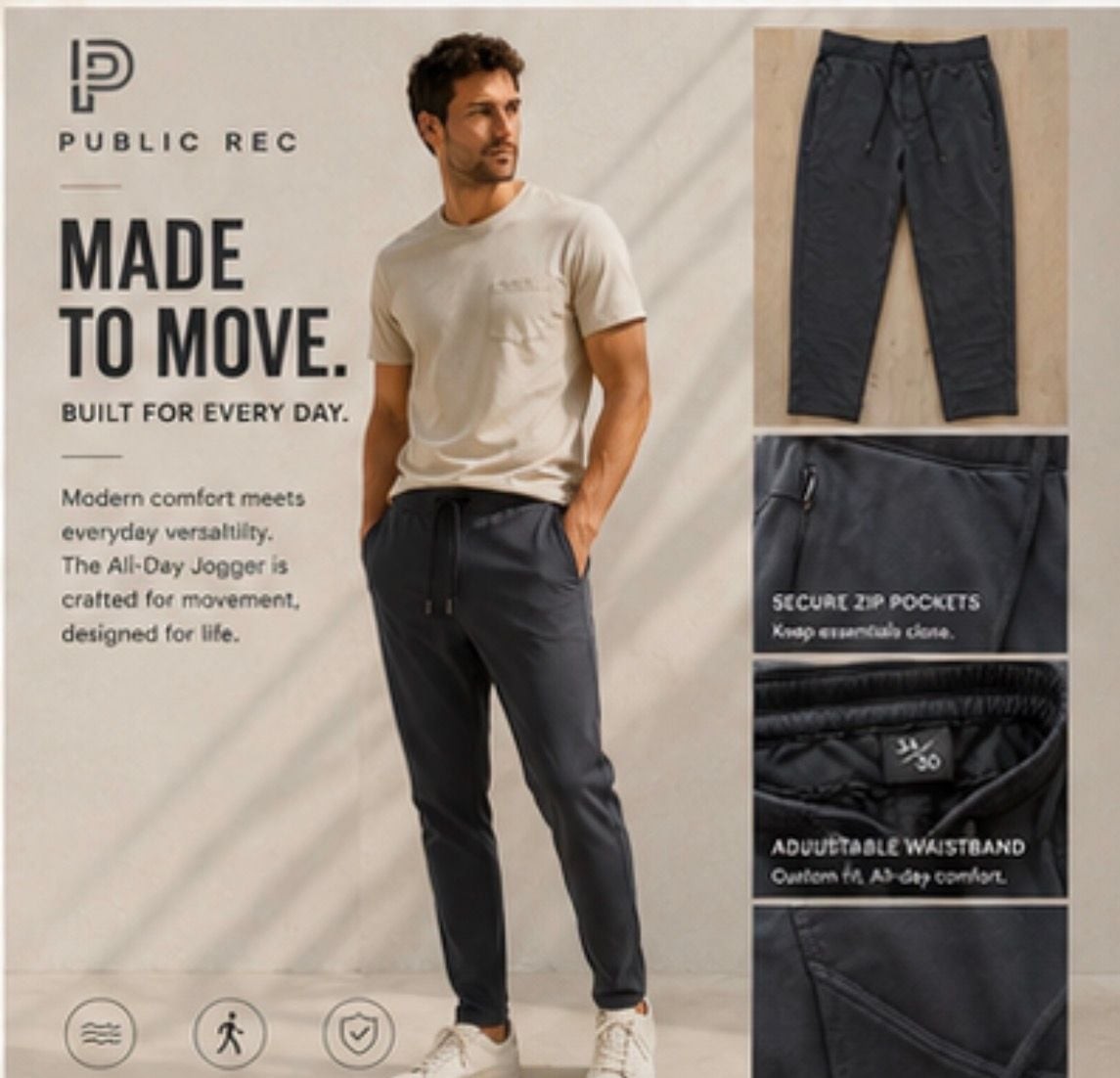 Public Rec The All-Day Jogger Men’s Performance Pants Charcoal Size 34×30