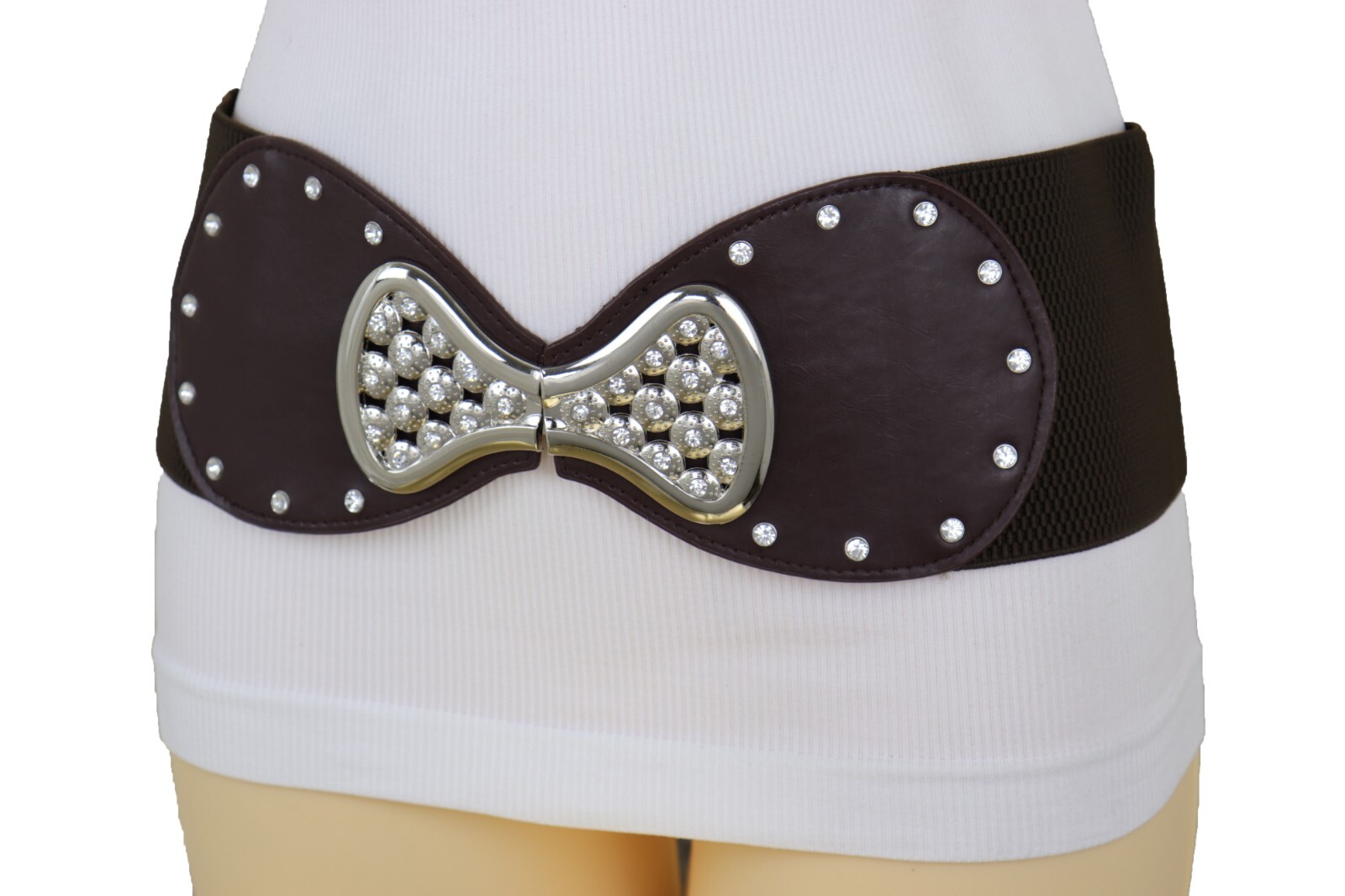 Women Dark Brown Wide Elastic Gift Present Belt Silver Metal Bow Tie Buckle S M