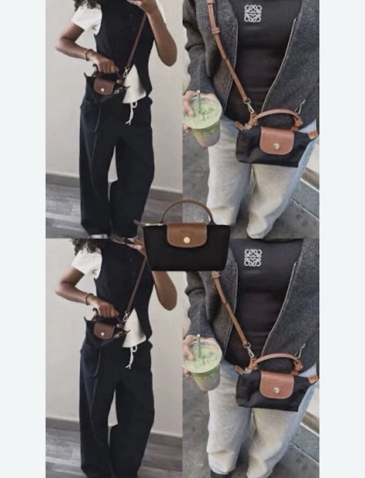Black & Brown LONGCHAMP Le Pliage Original Pouch with handle/cross strap.