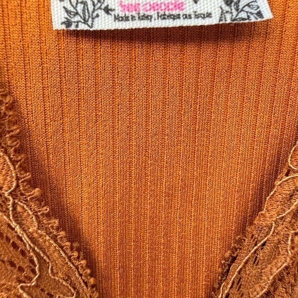 Free People Orange Lace Trim Deep V Neck Ribbed Bodysuit Women’s