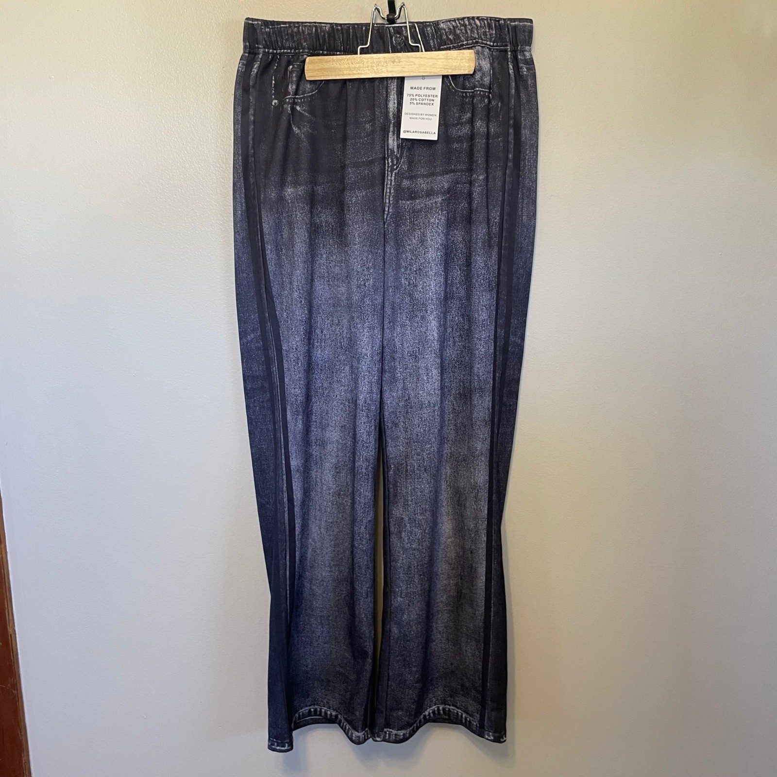 MILA ROSABELLA Denim Print Sweatpants Track Pants Washed Black Y2K Wide Leg Lg