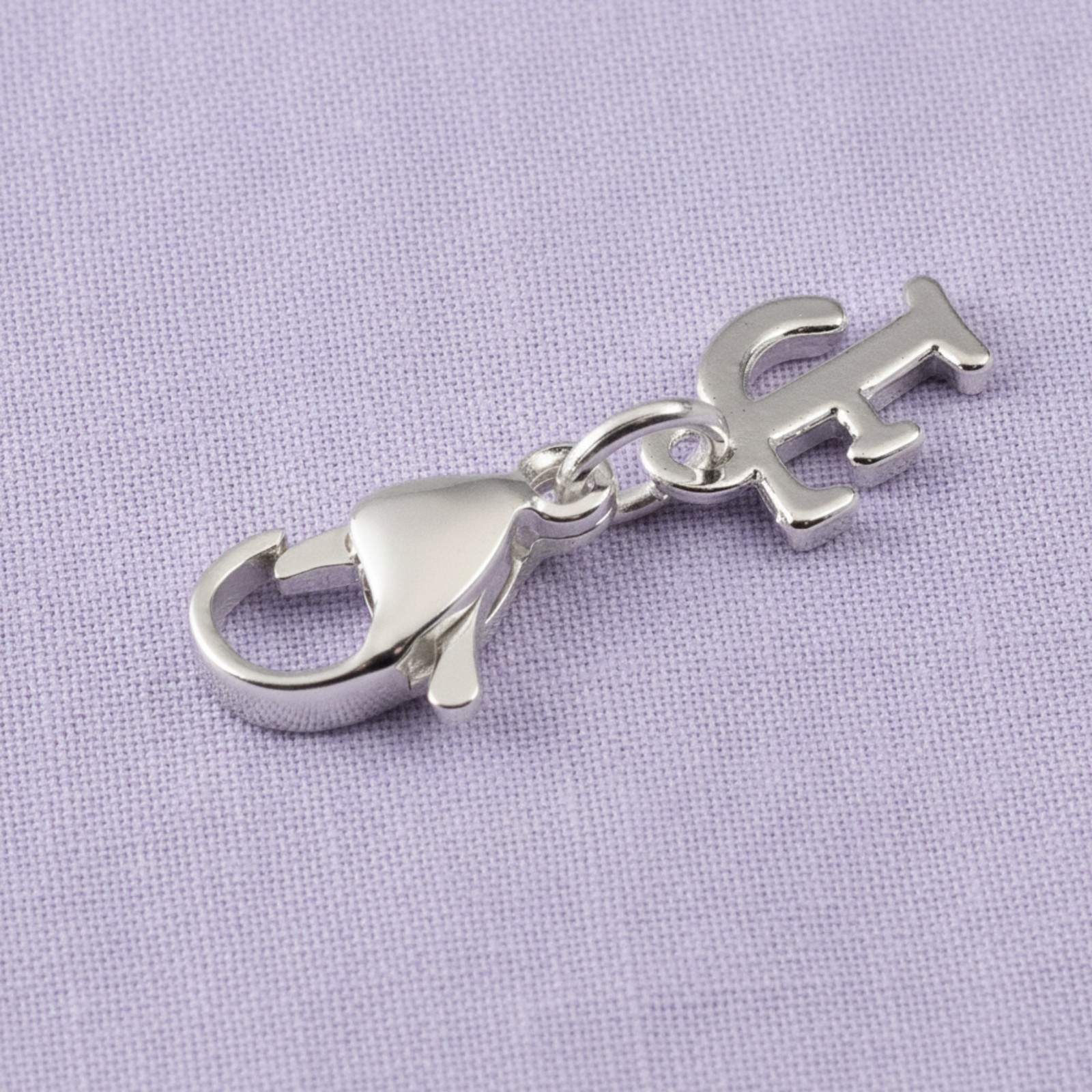 Silver Letter “F” Clip On Charm, Cursive Script Initial Dangle + Lobster Clasp