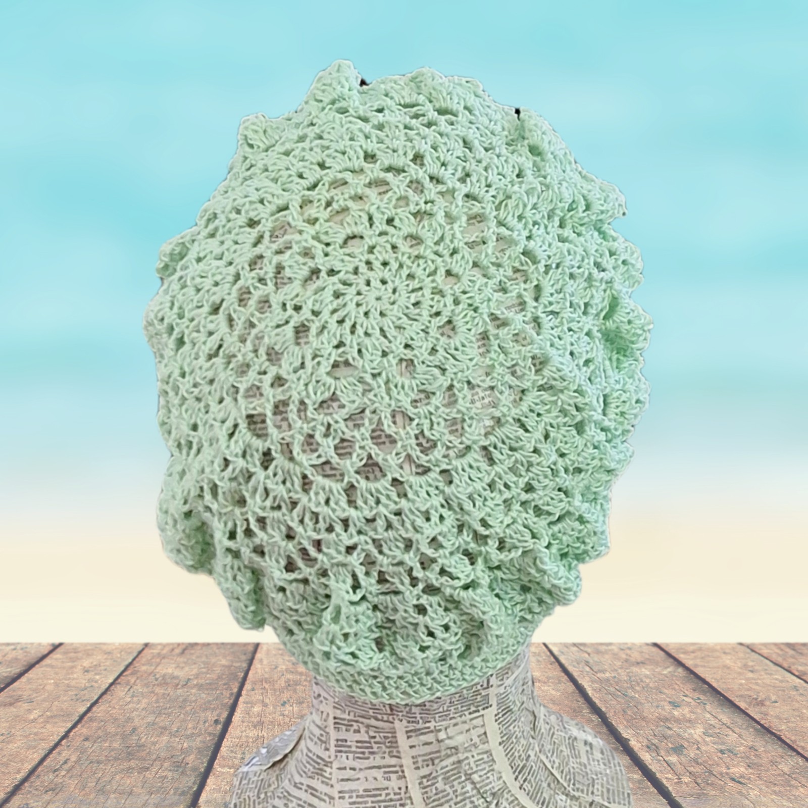 Crochet Lace “Boho” Hat – Light Green Cotton – Adult One Size