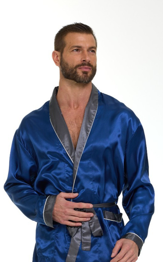 Mens Silk Satin Robe – NAVY / GRAY COLLAR – ” 5 day Delivery – USA ”