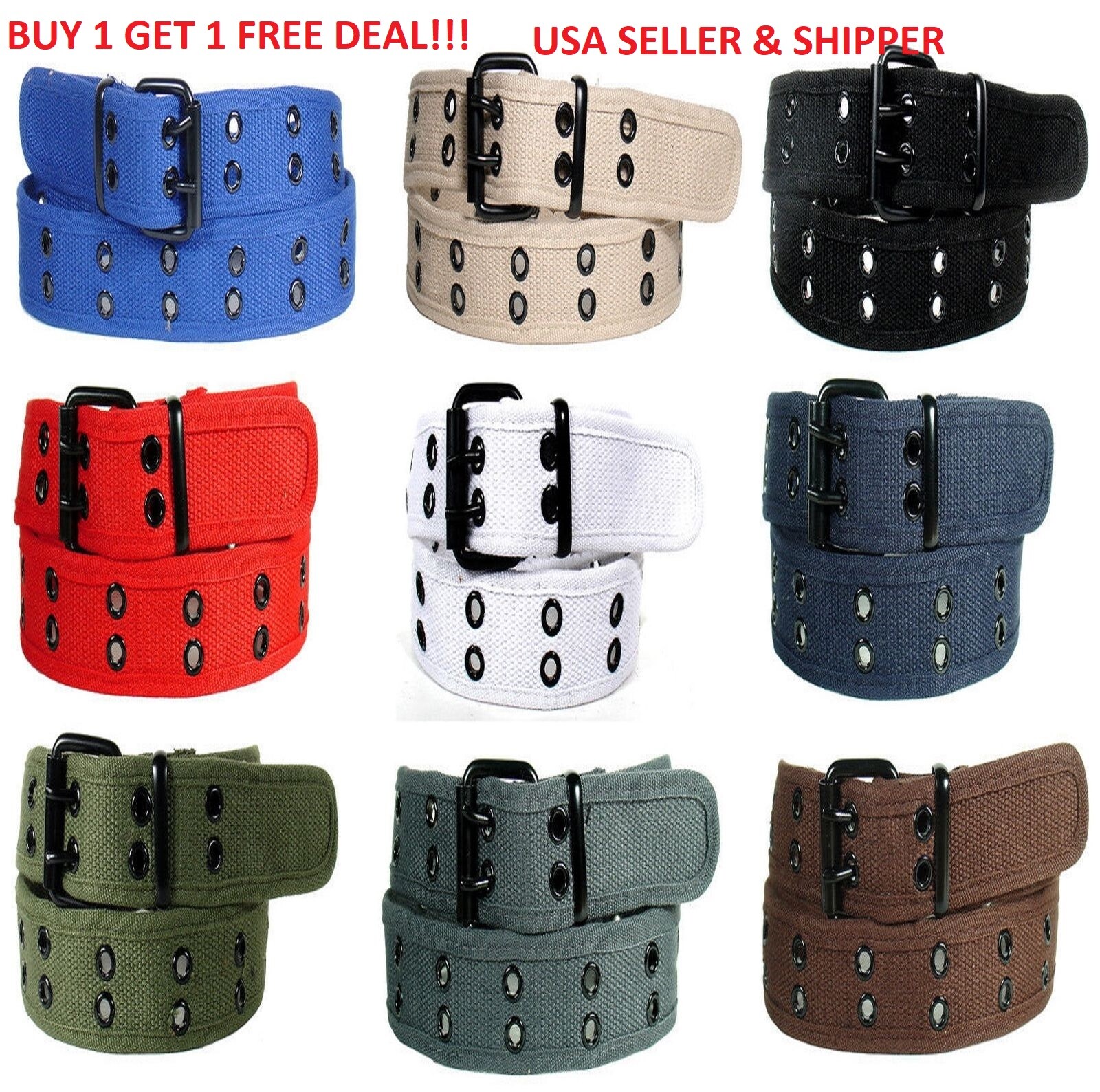Men Women 1 Hole, 2 Holes Row Grommet Stitched Canvas Fabric Military Web Belt