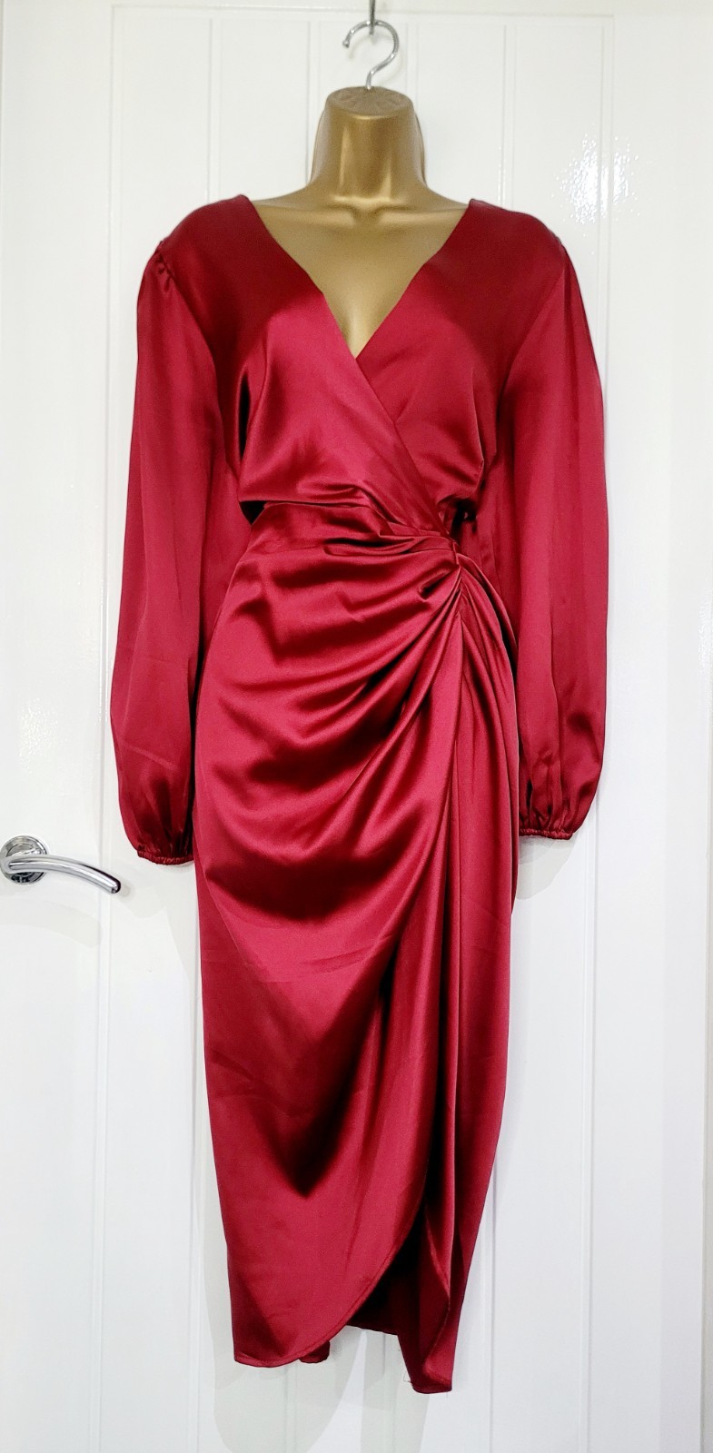 QUIZ size 16 deep red / Wine / Satin ruched sleeved evening occasion dress