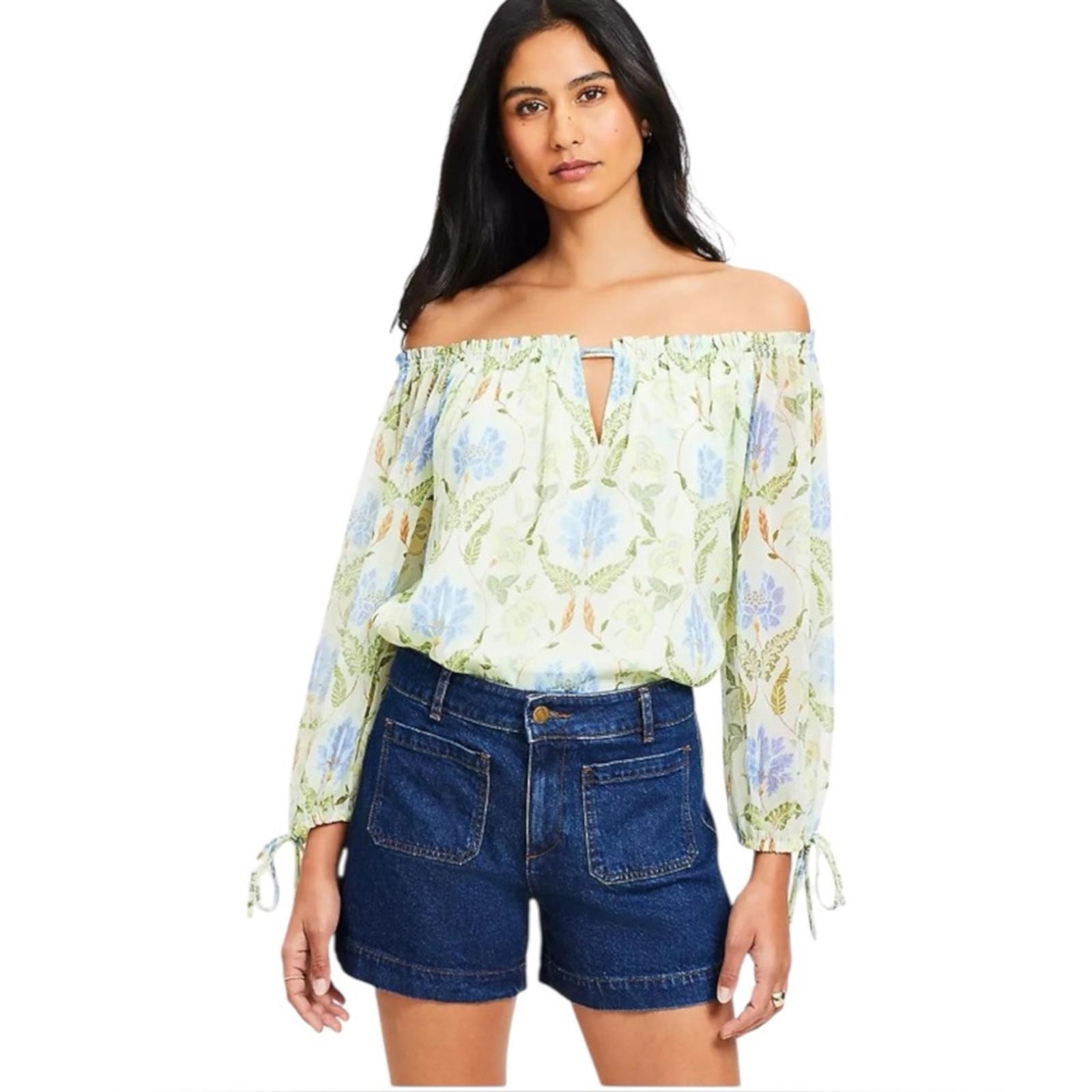 NWT LOFT Petite Floral Tie Cuff Off The Shoulder Blouse Size MP
