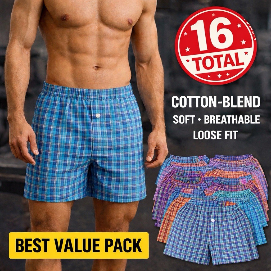 Men Cotton Blend Boxer Shorts New Value 16 Pack/ Soft Breathable Comfy Loose Fit