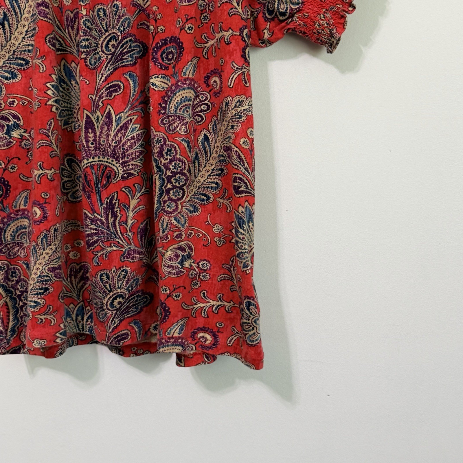Lauren Ralph Lauren Top XL Red Paisley Smocked Neck Stretch Knit Preppy Shirt