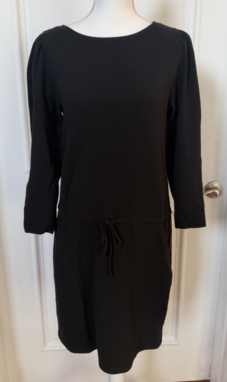 Lilla P Black Casual Dress Size S Small Knee Length Waffle Knit Cinch Waist EUC