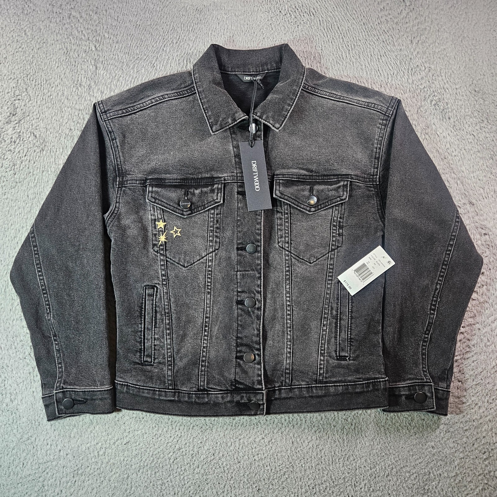 $178 NWT Driftwood Denim Jacket Women XS Studded Gold Star Embroidered Black