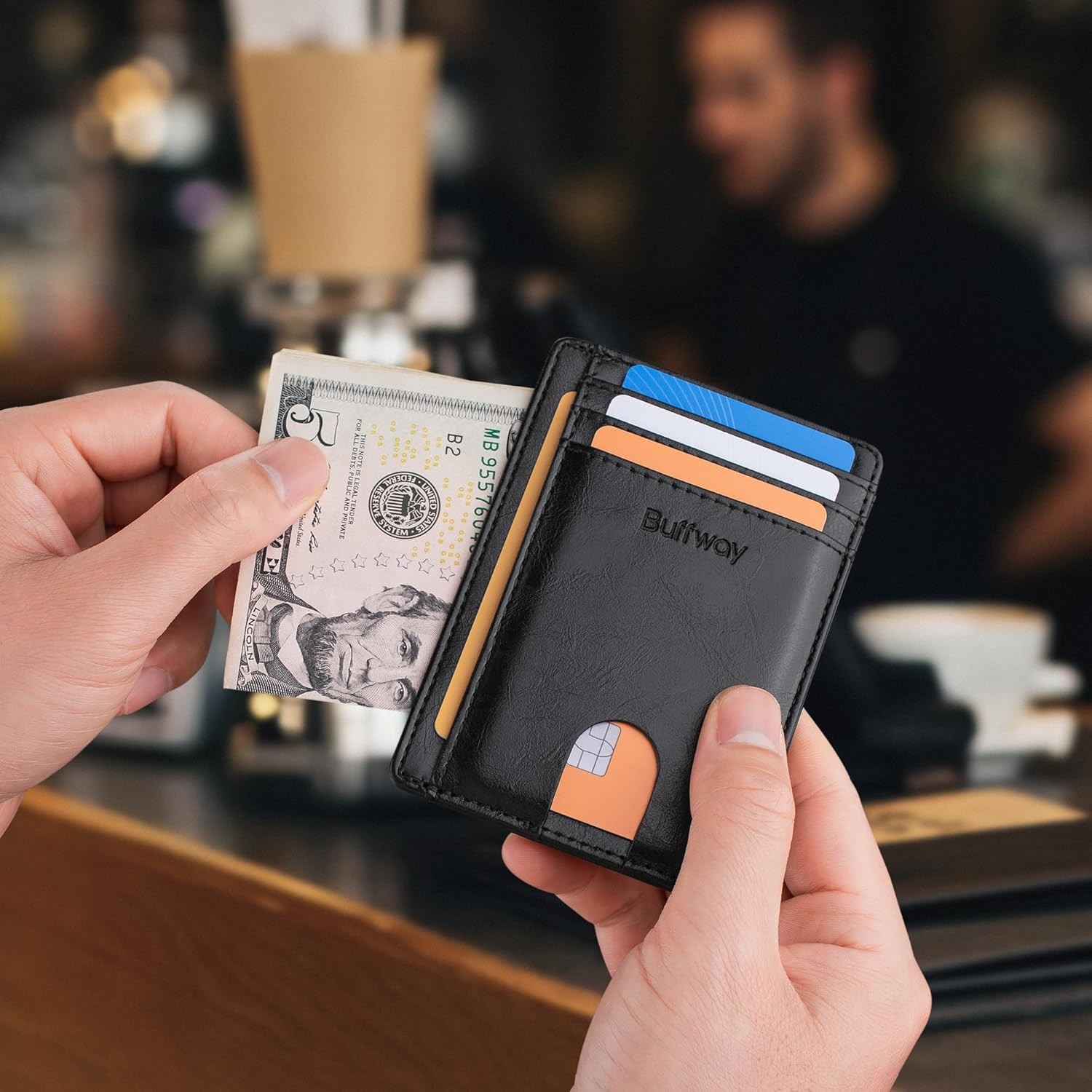 Slim Minimalist Front Pocket RFID Blocking Leather Wallets for Men [Black]