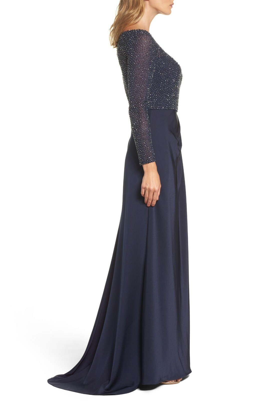 LA FEMME Navy Beaded Embellished Sheer Mesh Bodice Pleated Maxi Gown Dress 8 = M