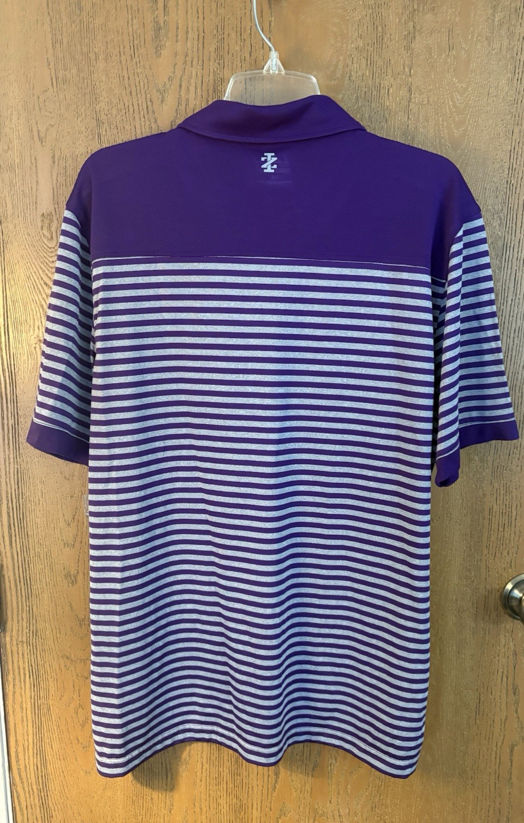 IZOD Performx Golf Men’s L/G Polo Purple/Gray Striped SS Collared Logo Button