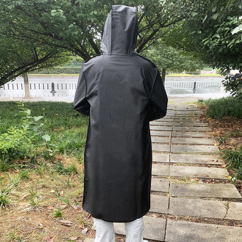 Men Black Waterproof Long Raincoat Rain Coat Hooded Trench Jacket Outdoor Hiking