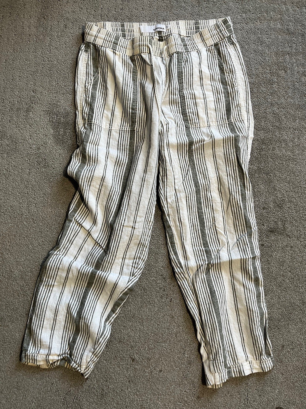 Sonoma Goods For Life Womens Linen Blend Striped Pull On Pants Green Cream M