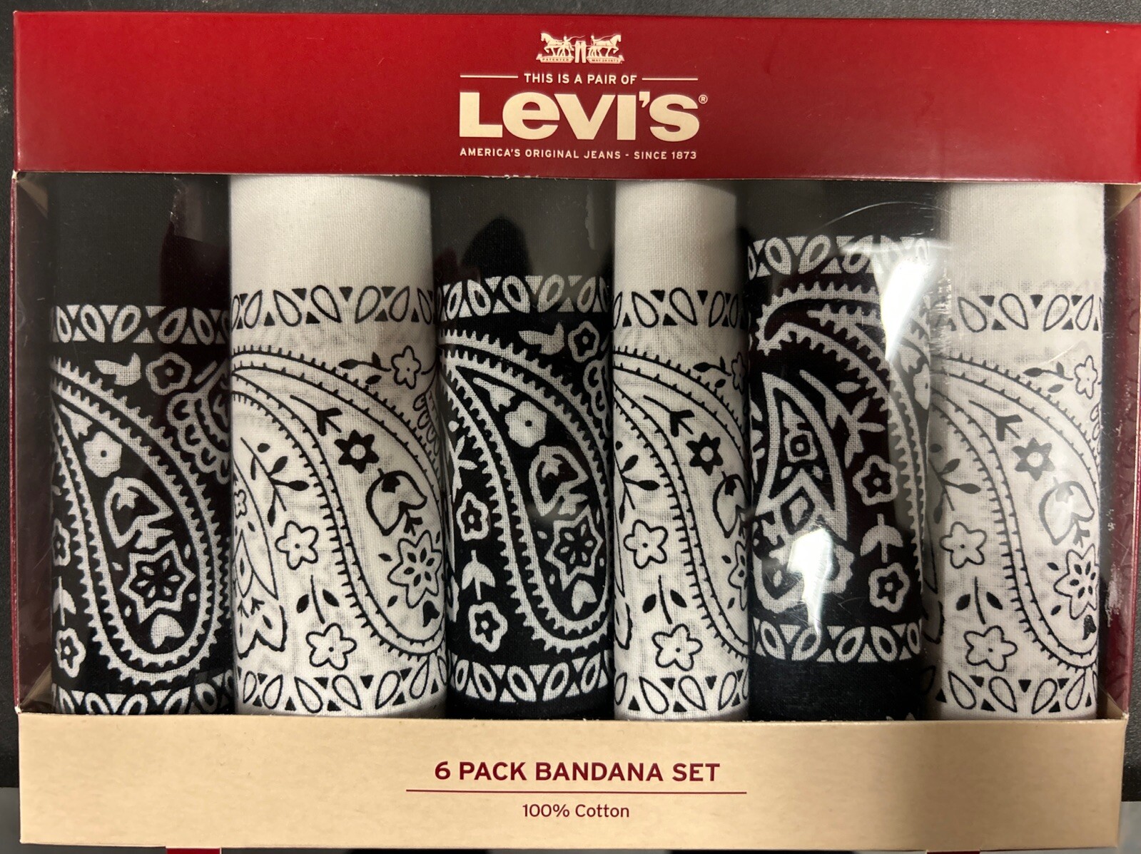 Levi’s Bandana Set, 100% Cotton, White/Black, Pack Of 6
