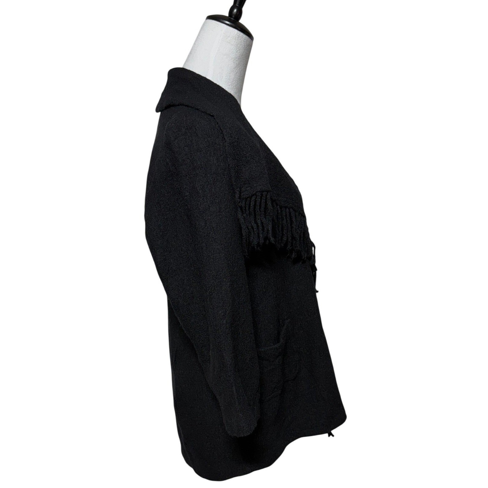 Chicos Jacket Blazer Womens Medium 1 Black 3/4 Sleeve Textured Fringe Western