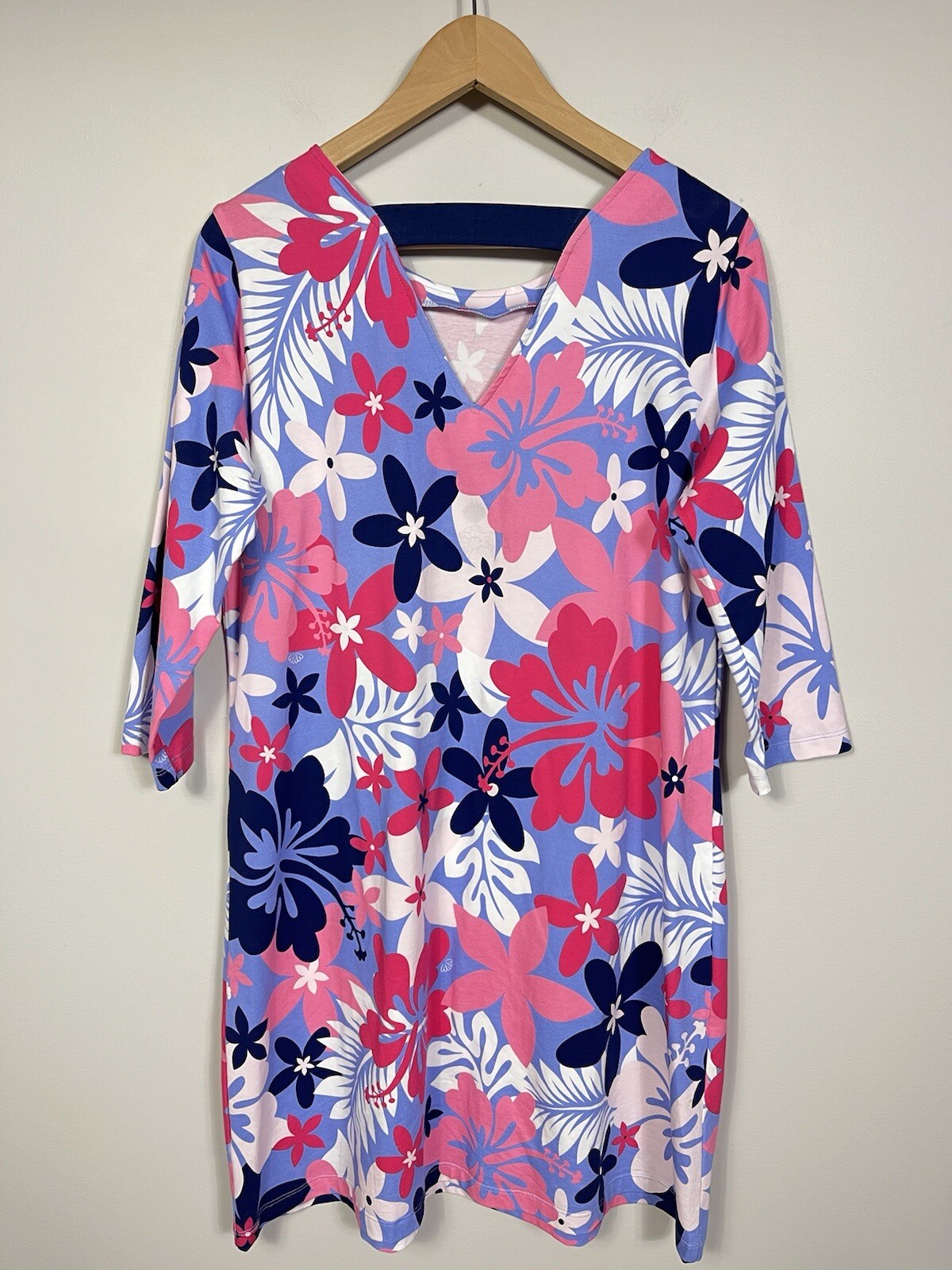 Ana Clare Dress Women XL Pink Blue Floral Knee Length 3/4 Sleeve Active Cotton