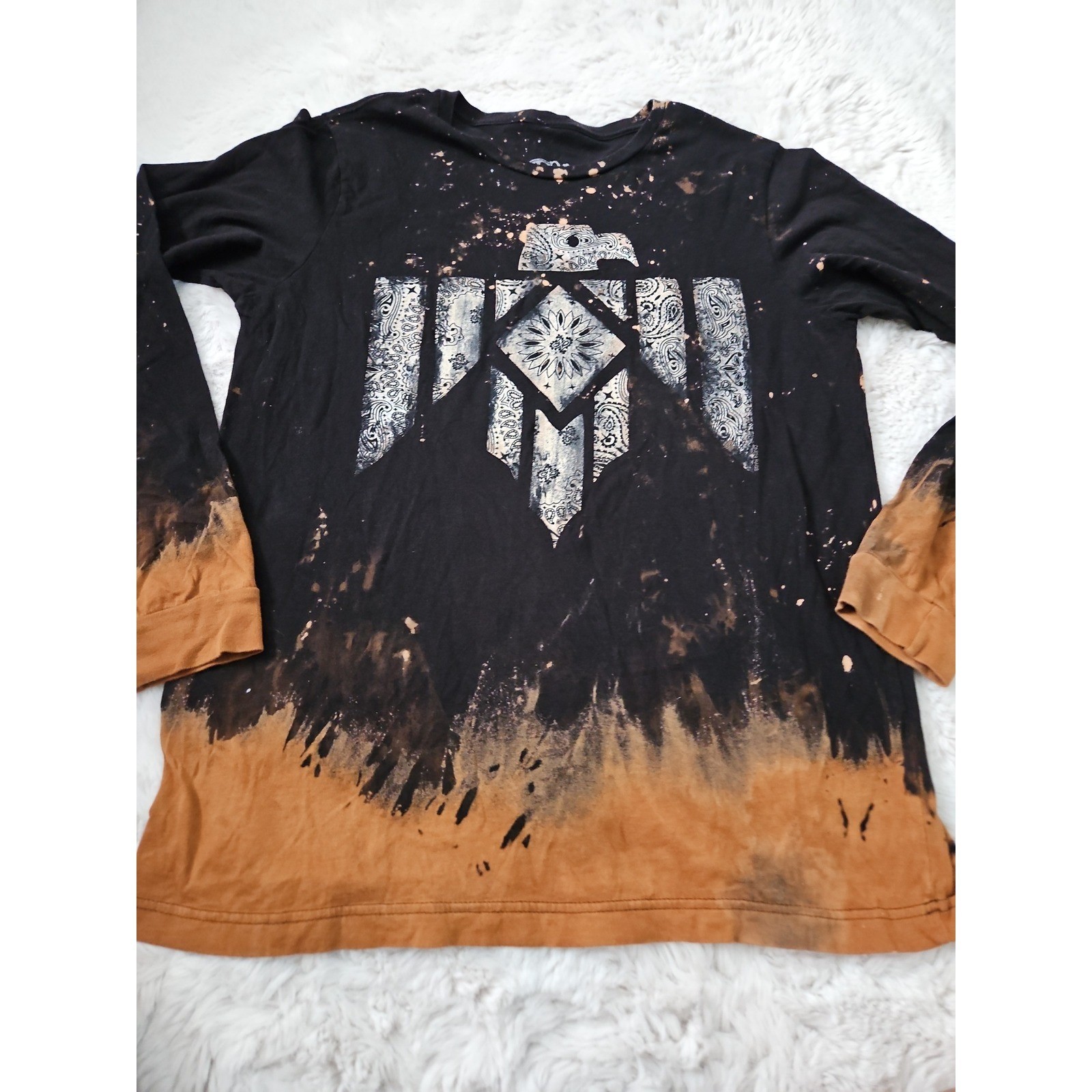 One24 Rags Bleached Thunderbird Graphic Tee Large Black Orange Acid Wash Grunge