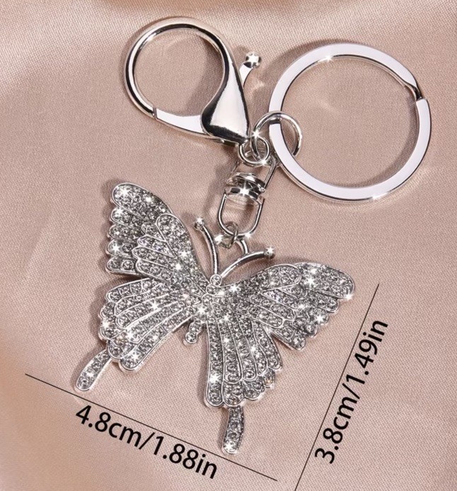 Silver Colored Crystal Butterfly Keychain Metal Lobster Clasp Brand New
