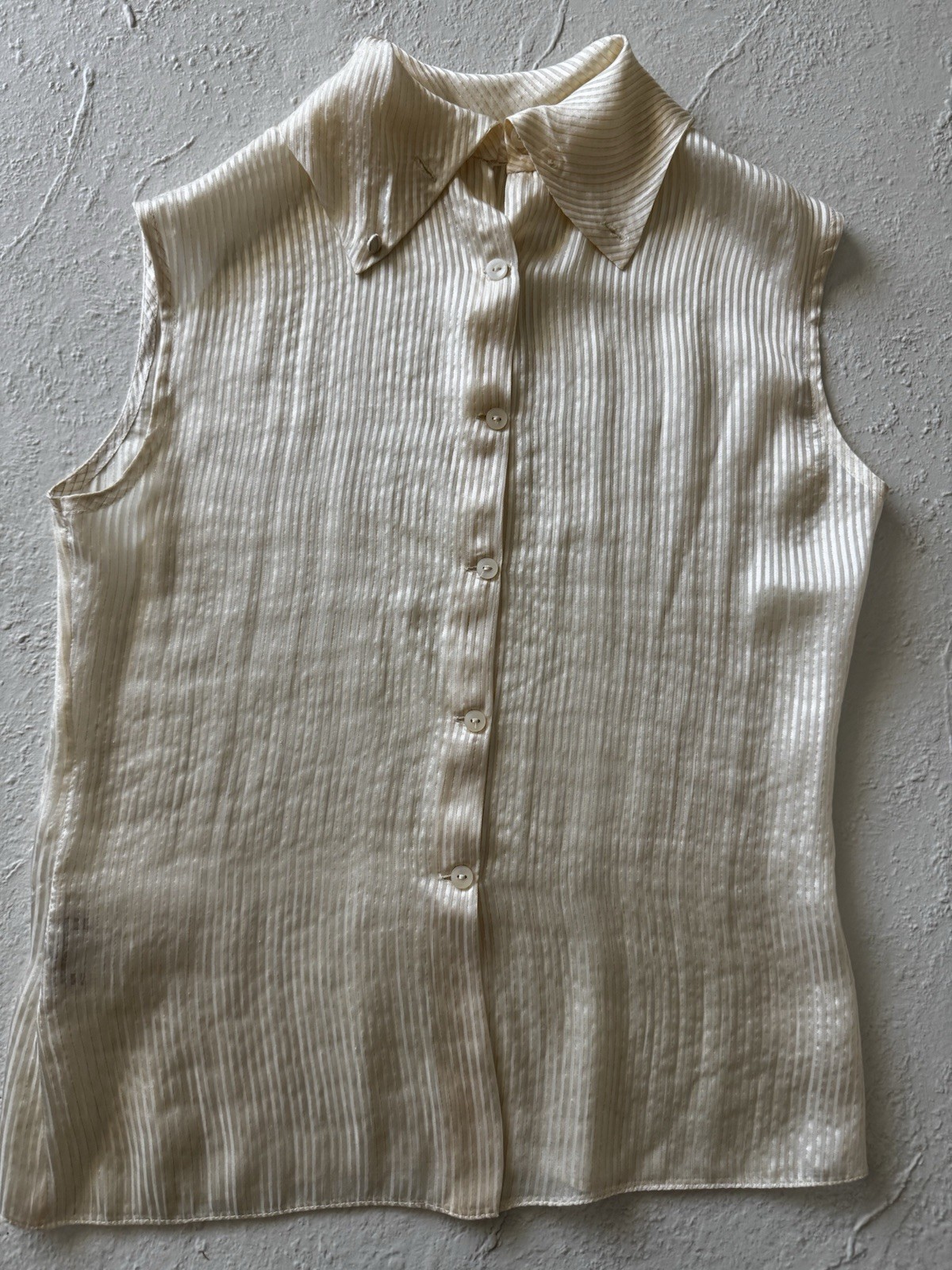 St. John 100% Silk Satin Sleeveless Collared Button-Up Striped Ivory 4