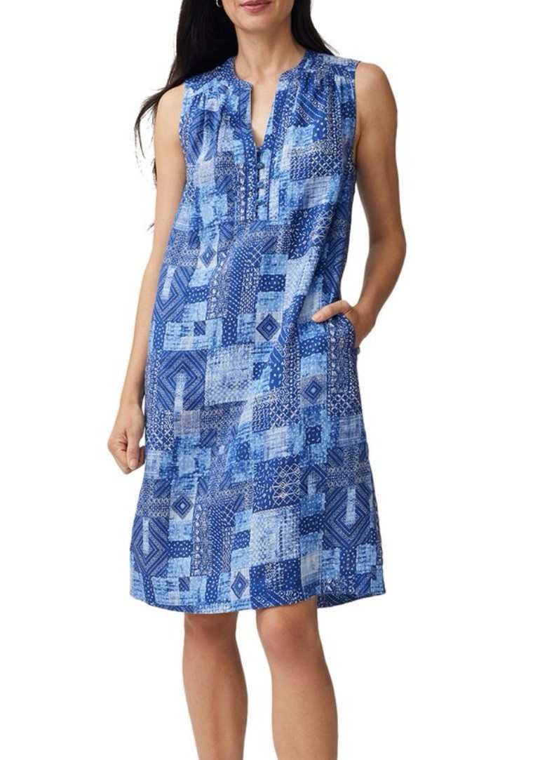 NWT J. McLaughlin NYLEE SLEEVELESS LINEN DRESS Diamond Patch Blue, LARGE $198