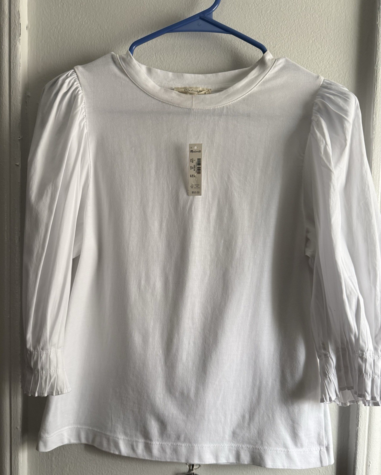 Madewell Women’s XS White Solid Crew Neck 3/4 Puff Sleeve 100% Cotton Knit Top