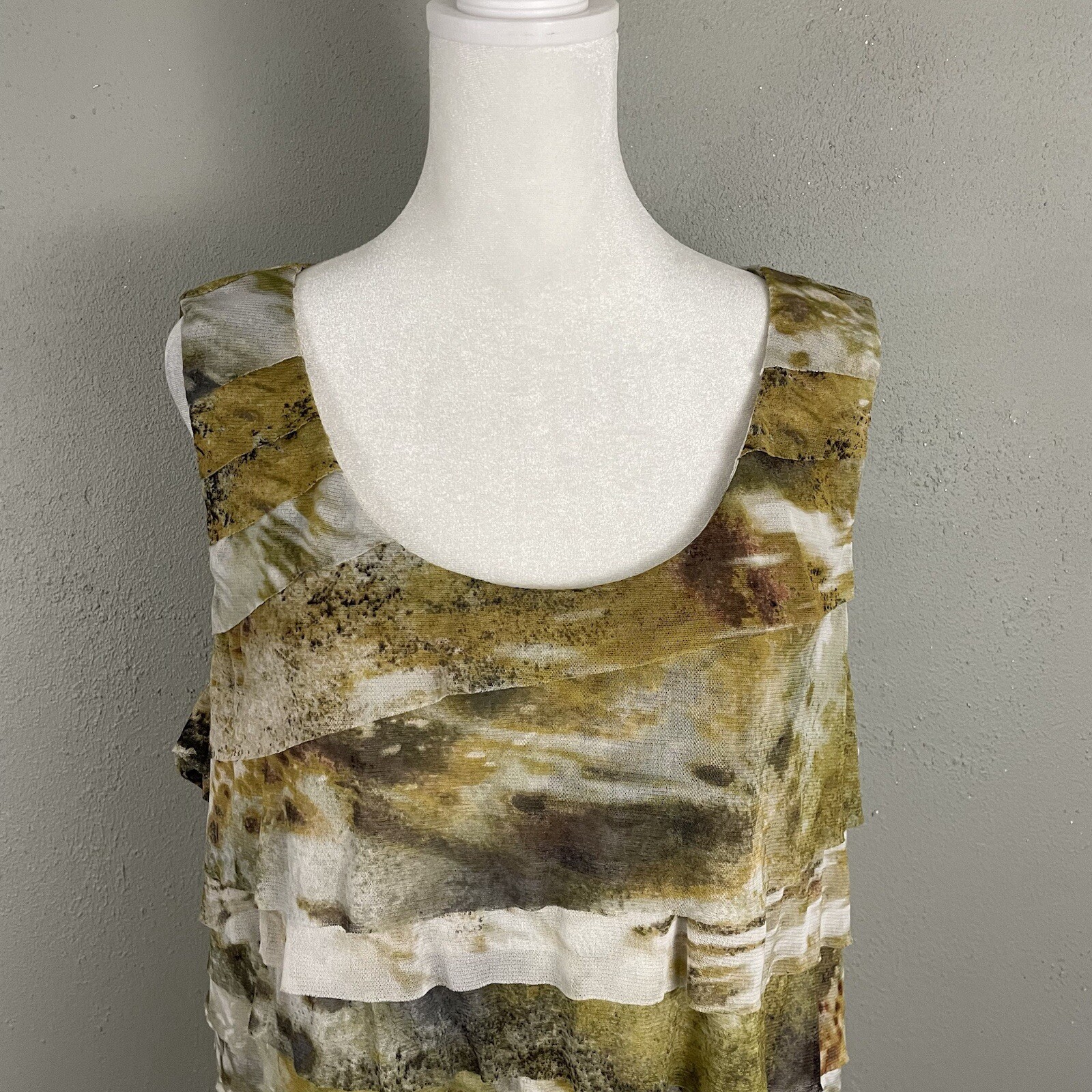 Coldwater Creek Plus Size 1X Mesh Top Layered Sleeveless Brown Mustard Multi