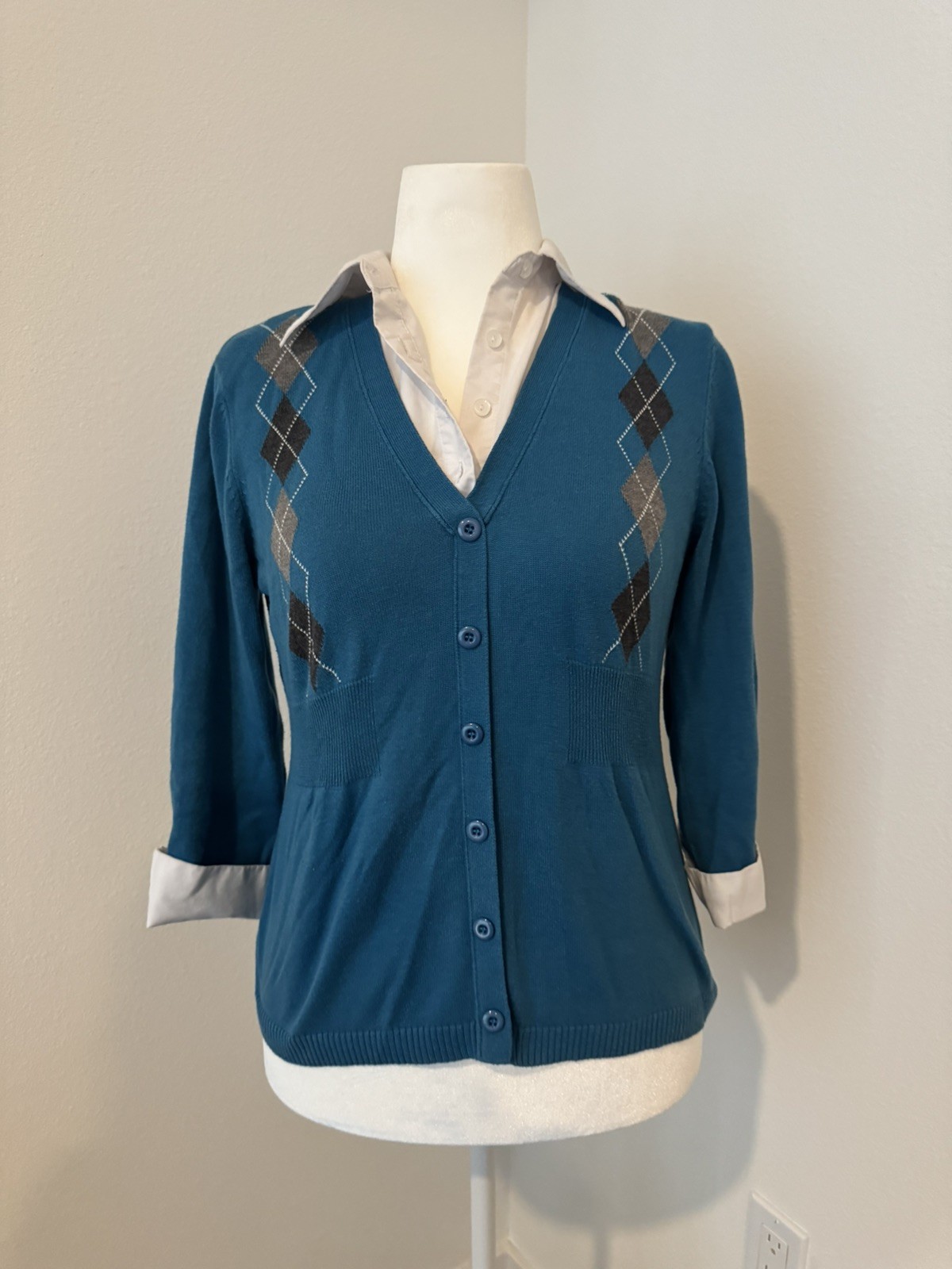 Kim Rogers Teal Argyle Layered-Look Cardigan Sweater Women’s Small (Fits M)