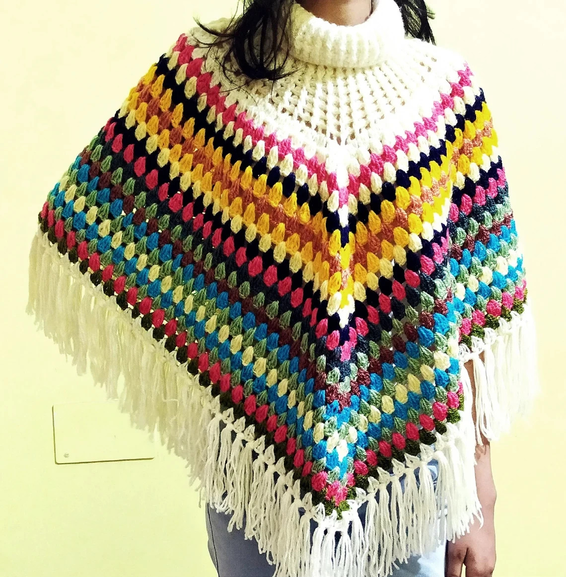 Handmade Alpaca Boho Poncho Autumn Colors Vintage Style Warm Cozy Cape Wrap