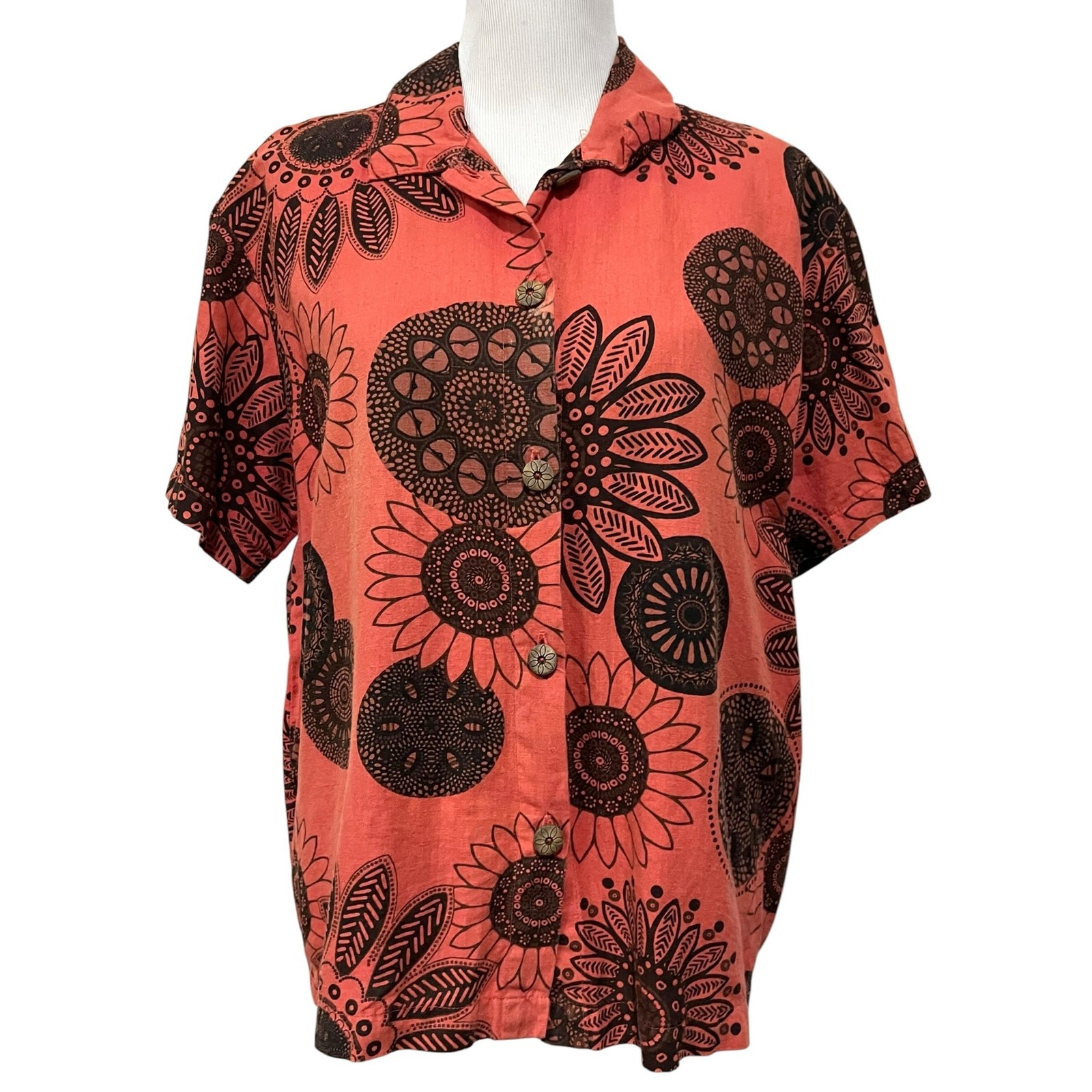 Hot Cotton Marc Ware Top Womens XL Button Up Boho Blouse Linen Cotton Floral