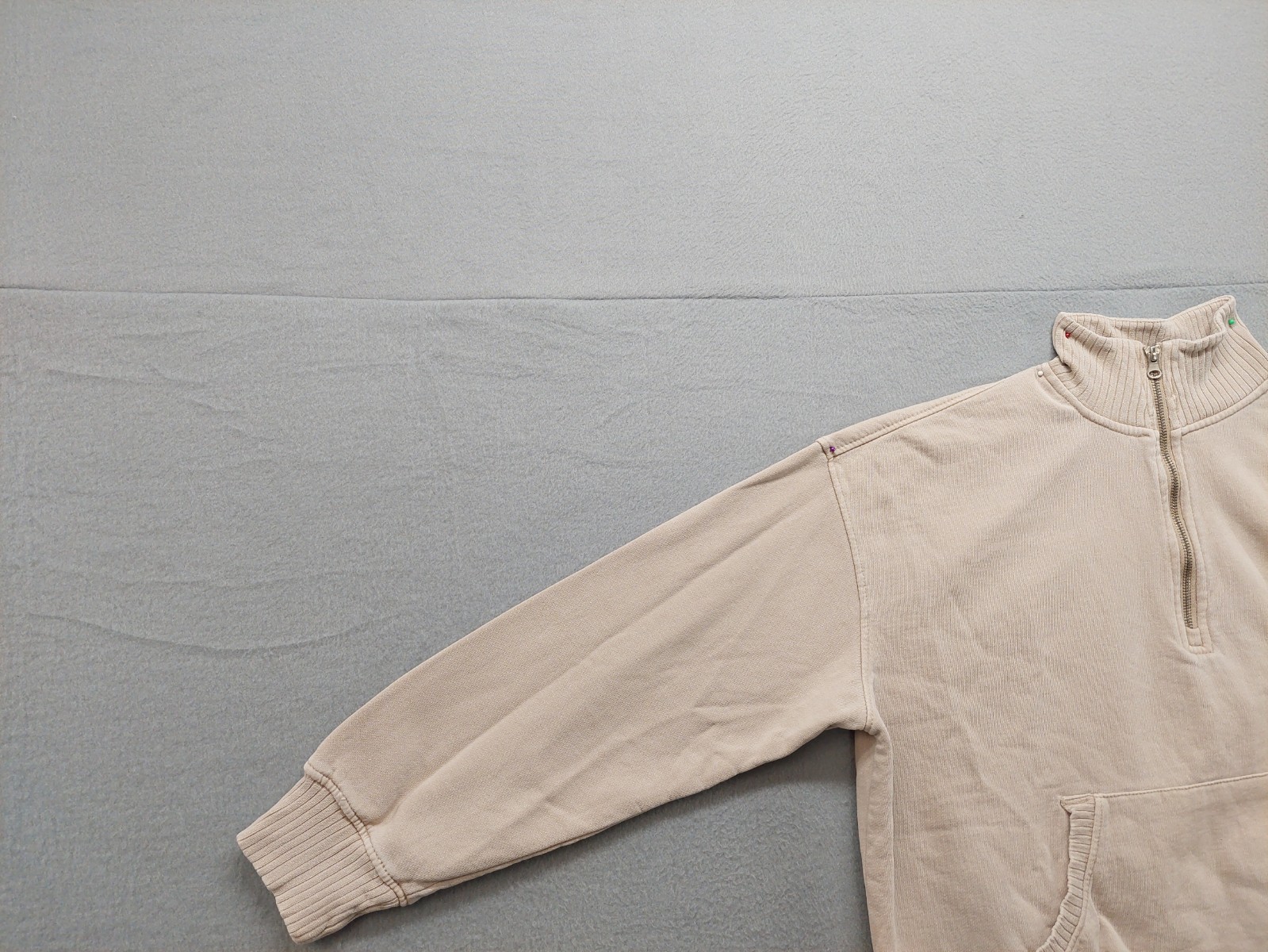 C&C California Women Sweatshirt L Beige Mock Neck 1/2 Zip Kangaroo Pocket Casual