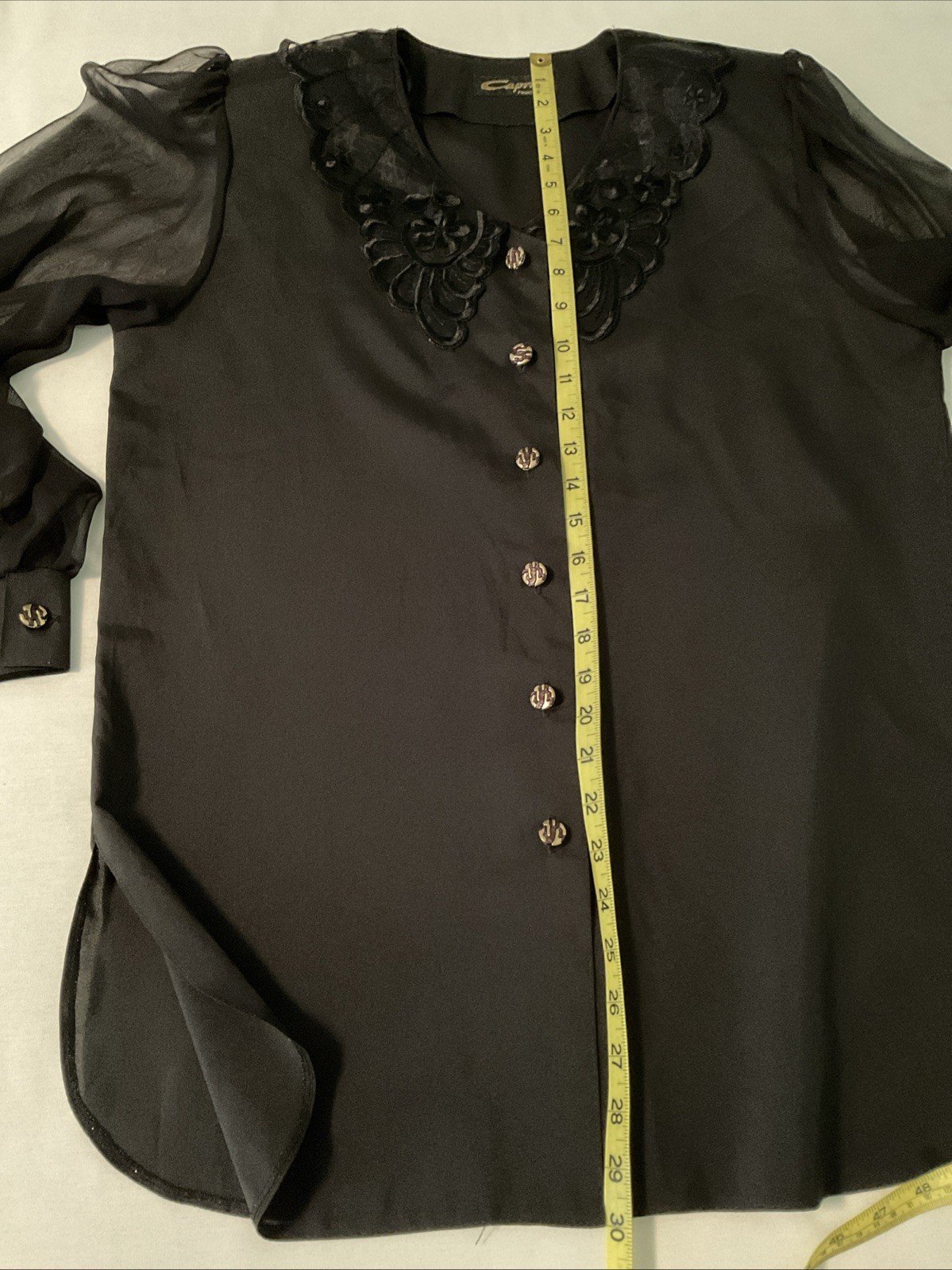 Vintage 80s Black Button Up Blouse Sheer Long Sleeve Size L Capri France