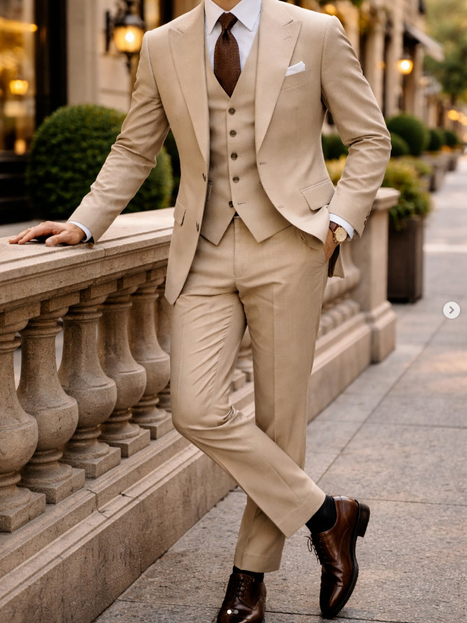 Business Workwear Jacket 3Pcs Formal Beige Peak Lapel Men’s Suits Casual Coat
