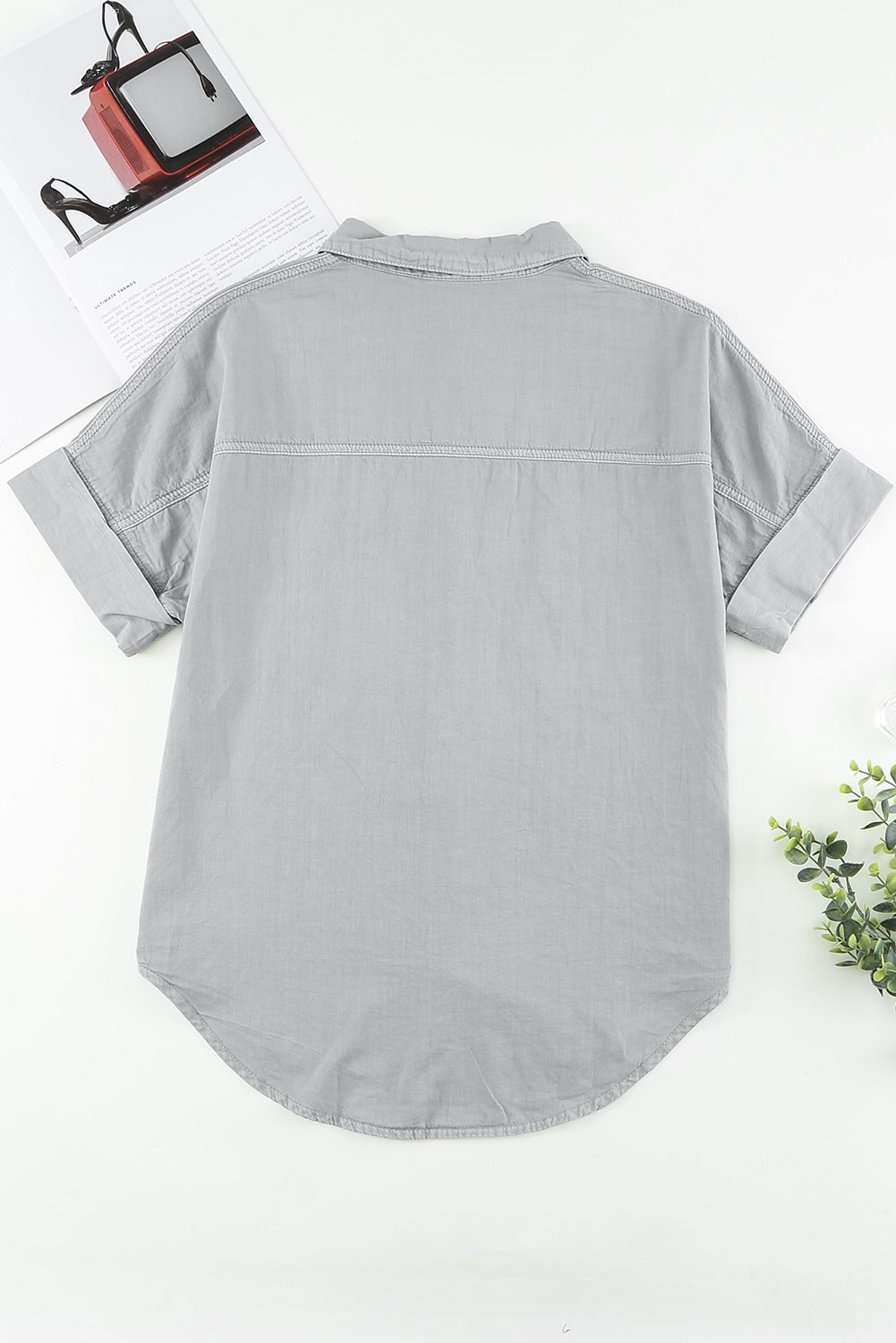 Turn-Down Collar Short Sleeve Cotton Denim Shirt M