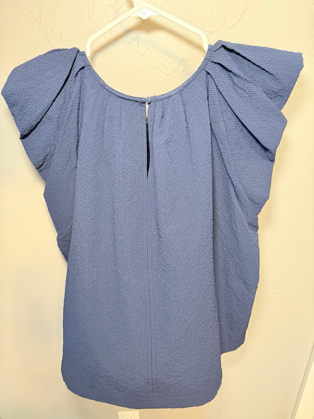 UMGEE Womens Blue Round Neck Pullover Blouse Short Ruffle Sleeves Textured