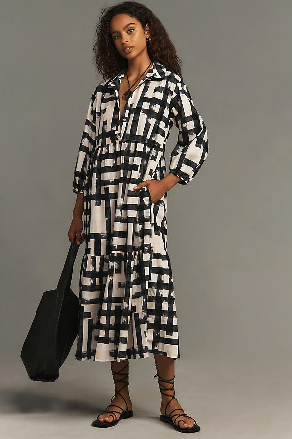 Anthropologie The Bettina Tiered Shirt Dress by Maeve Maxi S NWT Black White