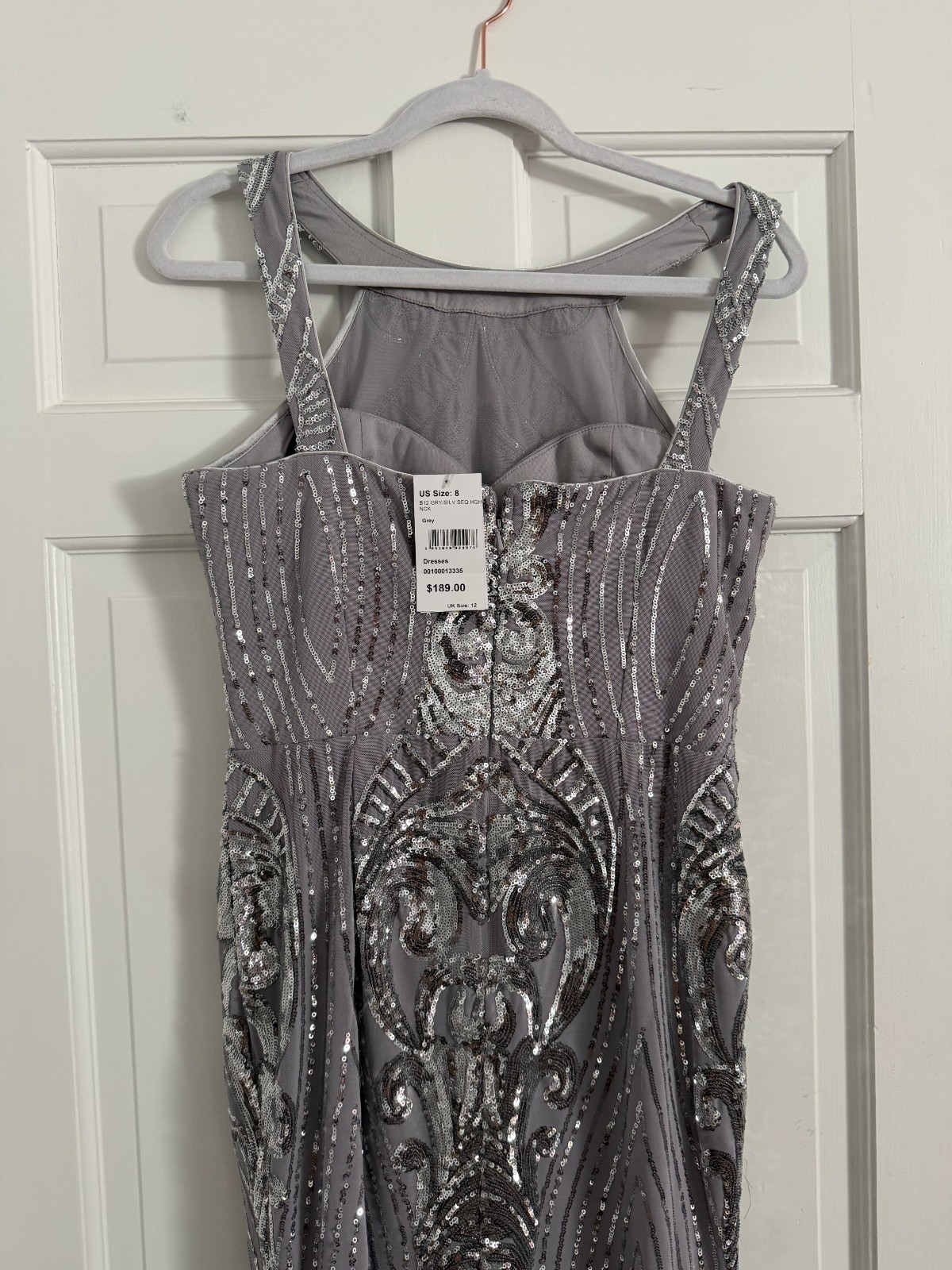Brand New (NWT) Silver Sequin Formal Gown Floor Length Halter Neck, Size 8
