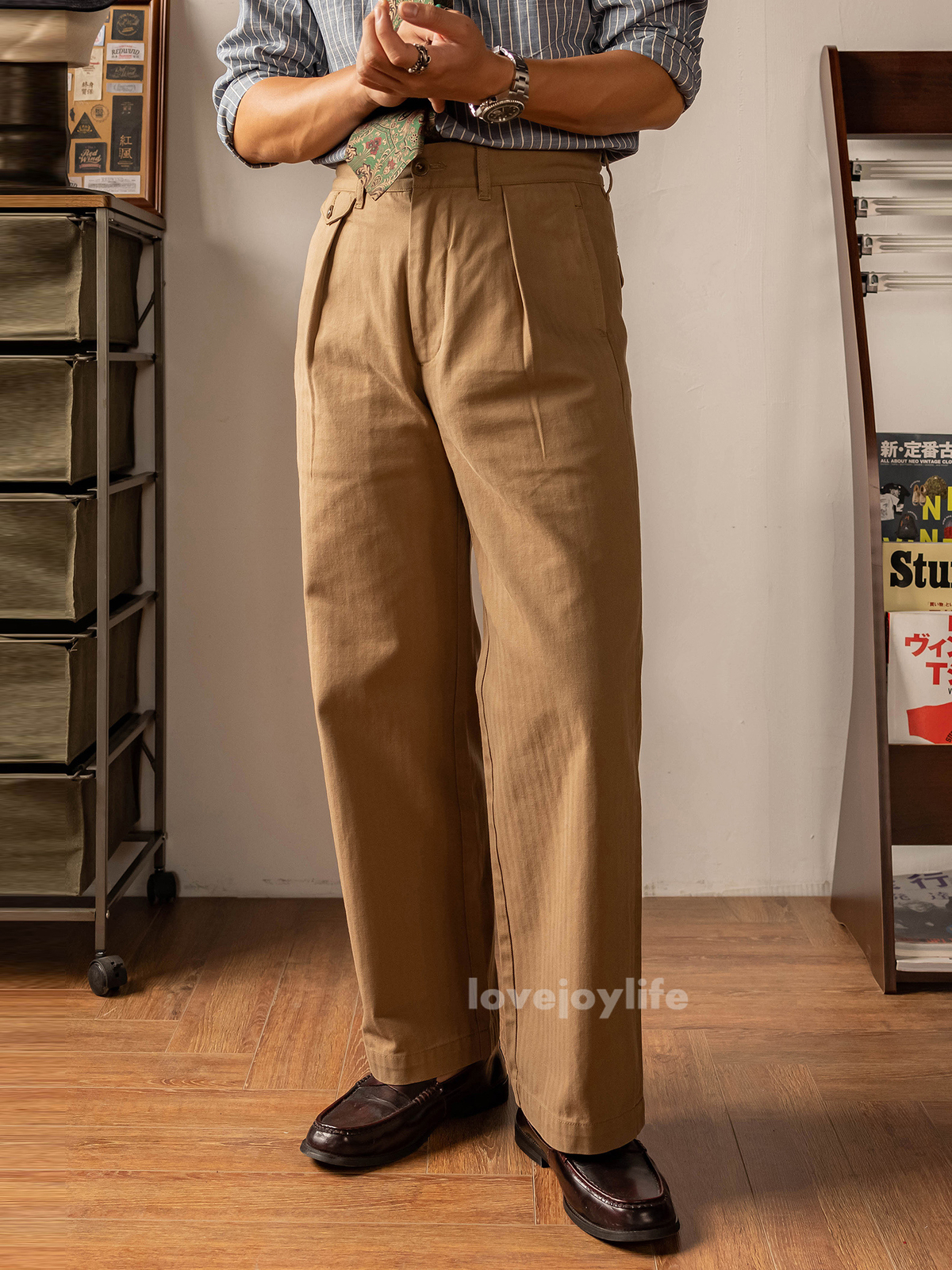 Red Tornado Retro Men’s HBT Straight Pants Cotton Pleated Casual Formal Trousers