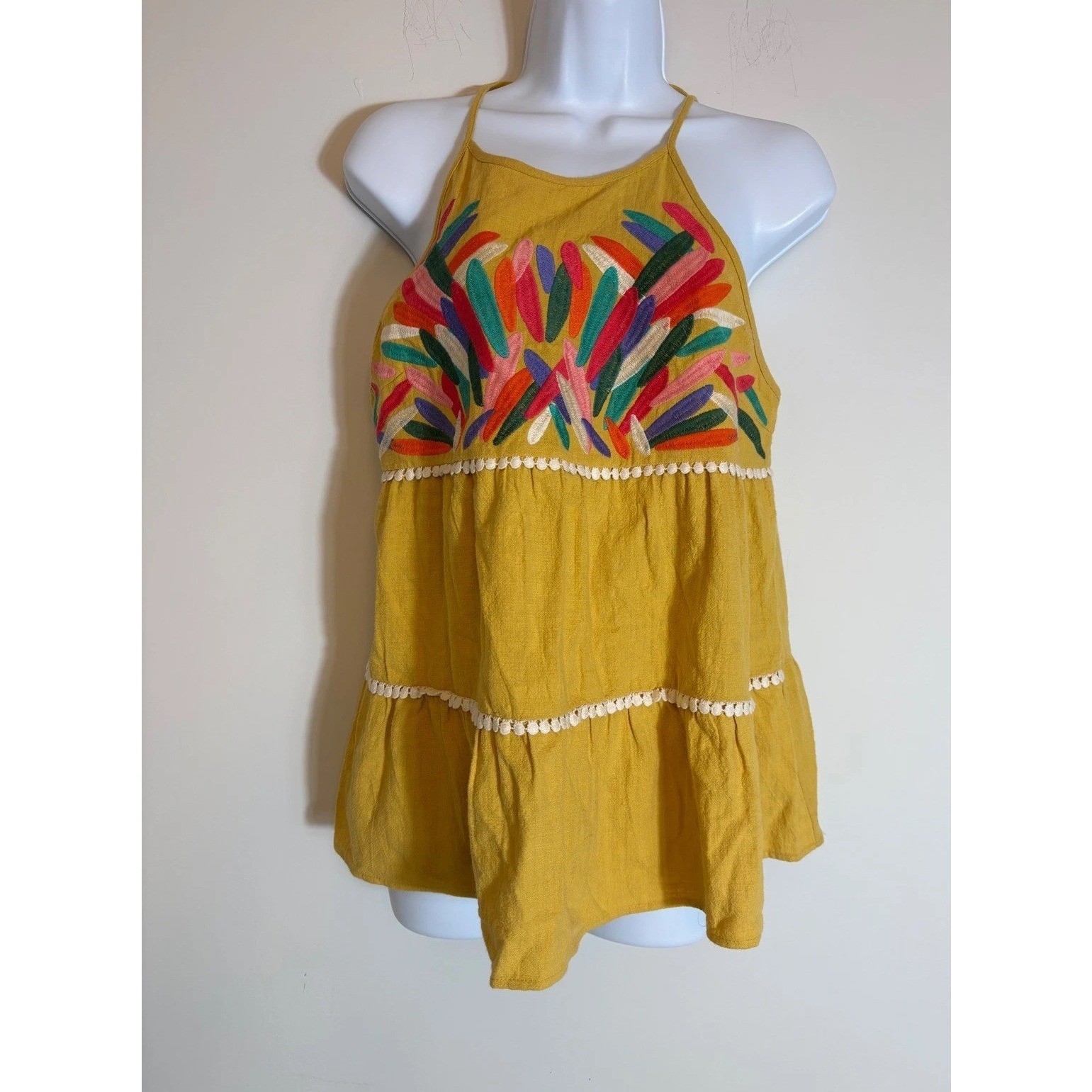 THML Women Mustard Yellow Embroidered Halter Top Tiered Babydoll Boho M