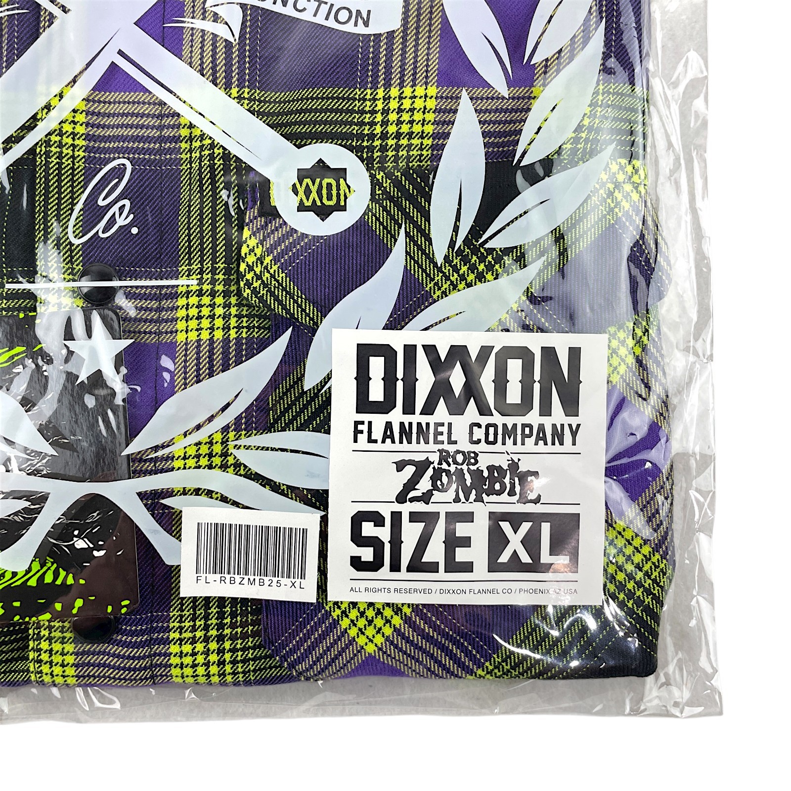 DIXXON Flannel “Rob Zombie” Men’s XL Neon Green & Purple Plaid Snap Band Shirt
