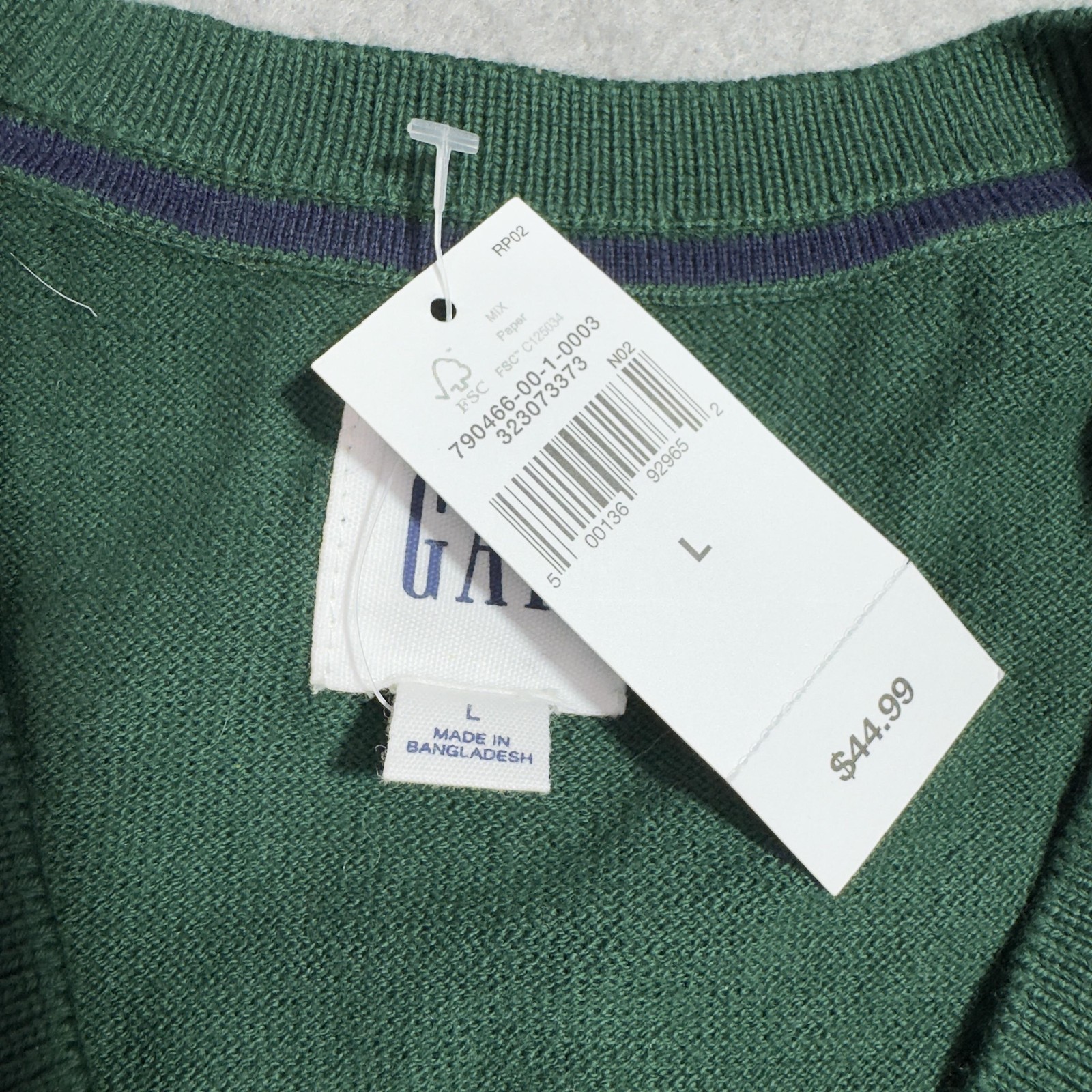 GAP Sweater Mens Large Green Solid V-Neck 100% Cotton Tight Knit Pullover NEW