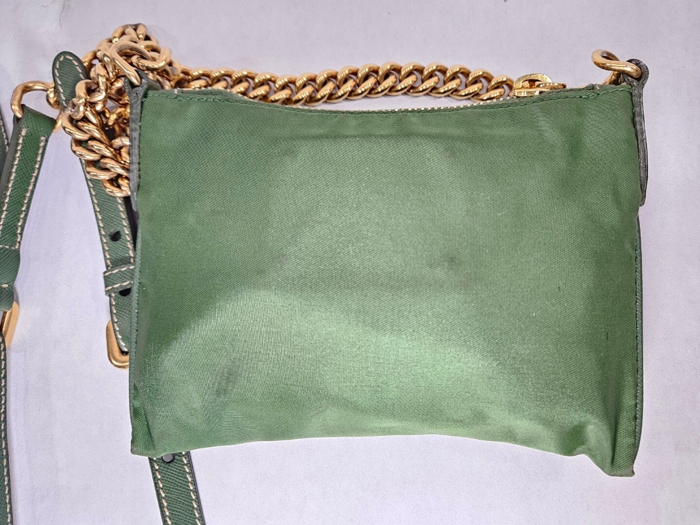 Prada Crossbody Tessuto Saffino Mini Chain Crossbody Green Gold Cut Out Logo