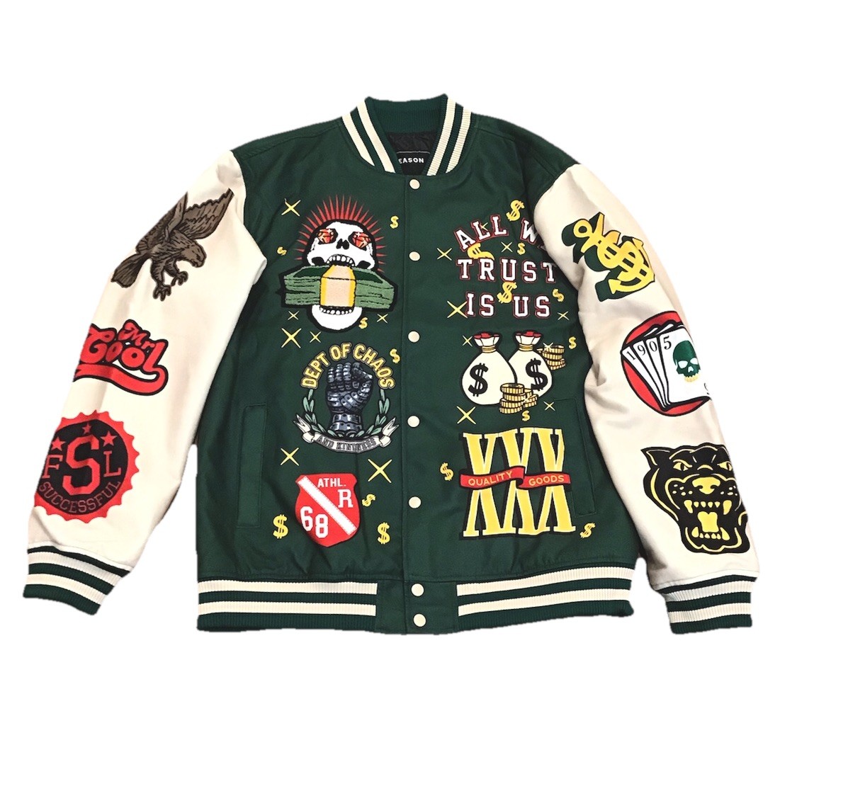 NEW! Reason Varsity Jacket, “All We trust Is US” RER5-003 GREEN Size XL