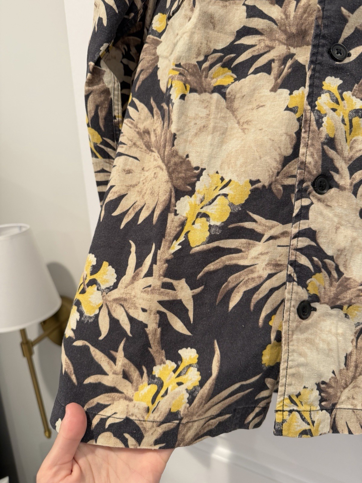 ALLSAINTS Men’s S Floral Button-Up Shirt Black Beige Yellow Long Sleeve – Size S