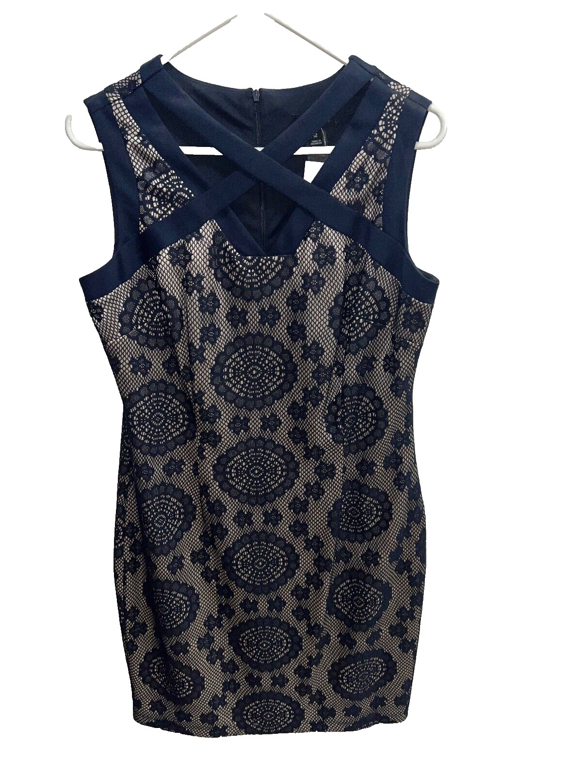 En focus Dress Size 12 Navy Blue Tan Lace Shift Stretch Knit criss cross neck