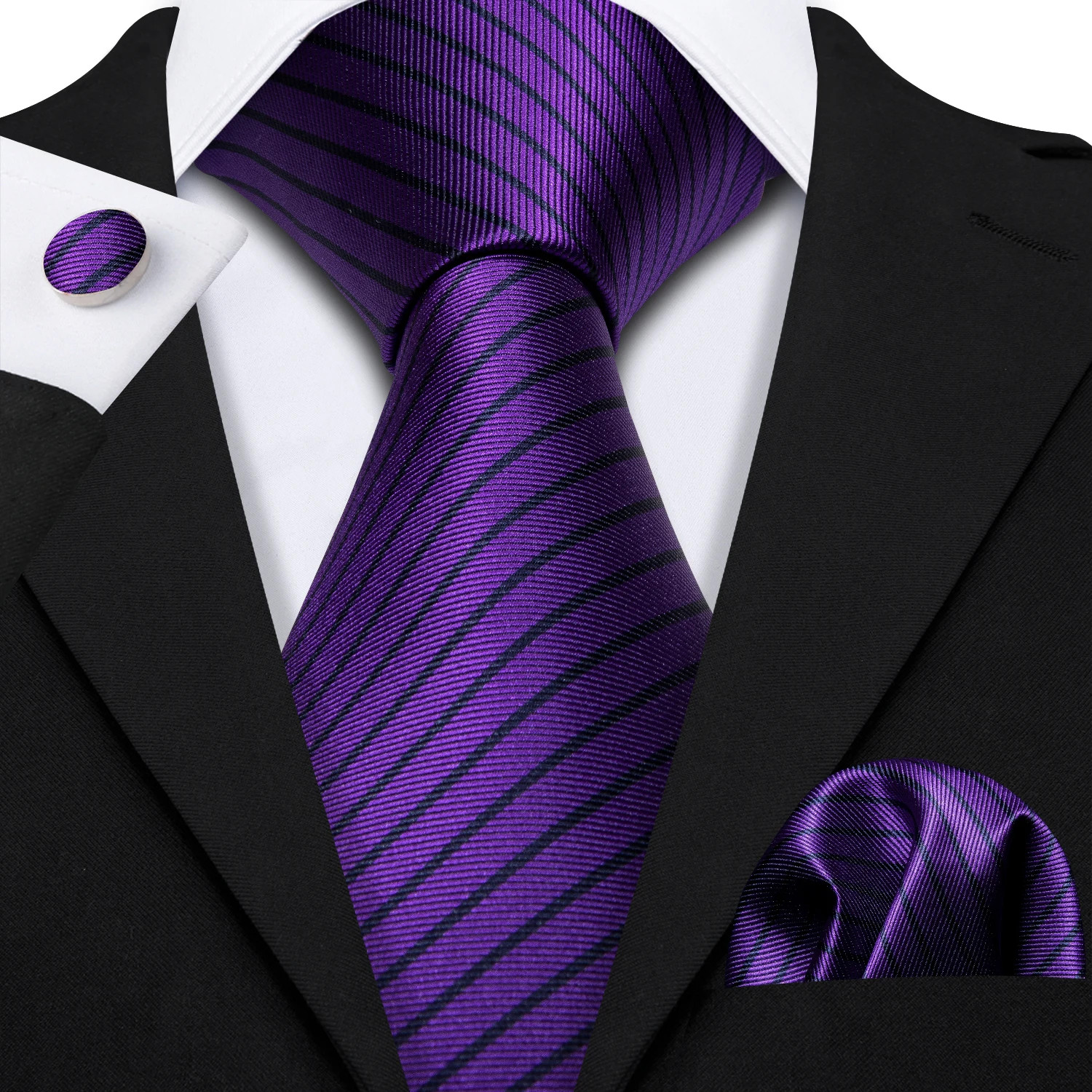 Silk Jacquard Tie Set Floral Violet Necktie Hanky Cufflinks Wedding Men’s Ties