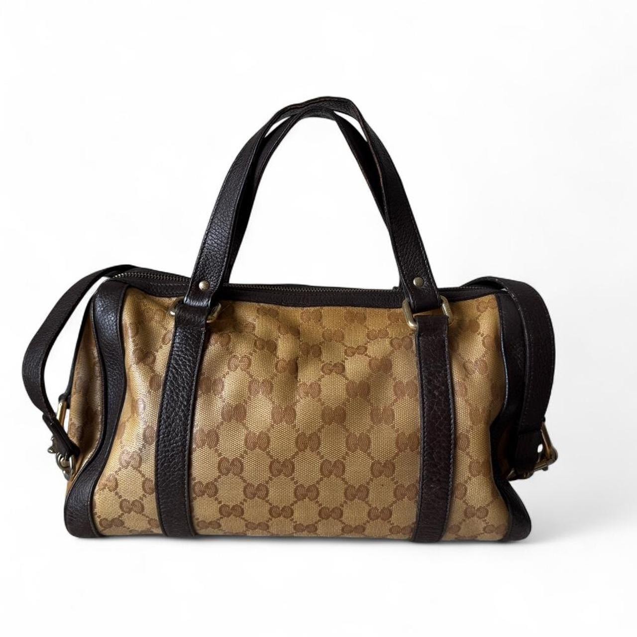 Authentic Gucci Vintage GG Canvas Shoulder Crossbody Saddle Bag Tan Leather