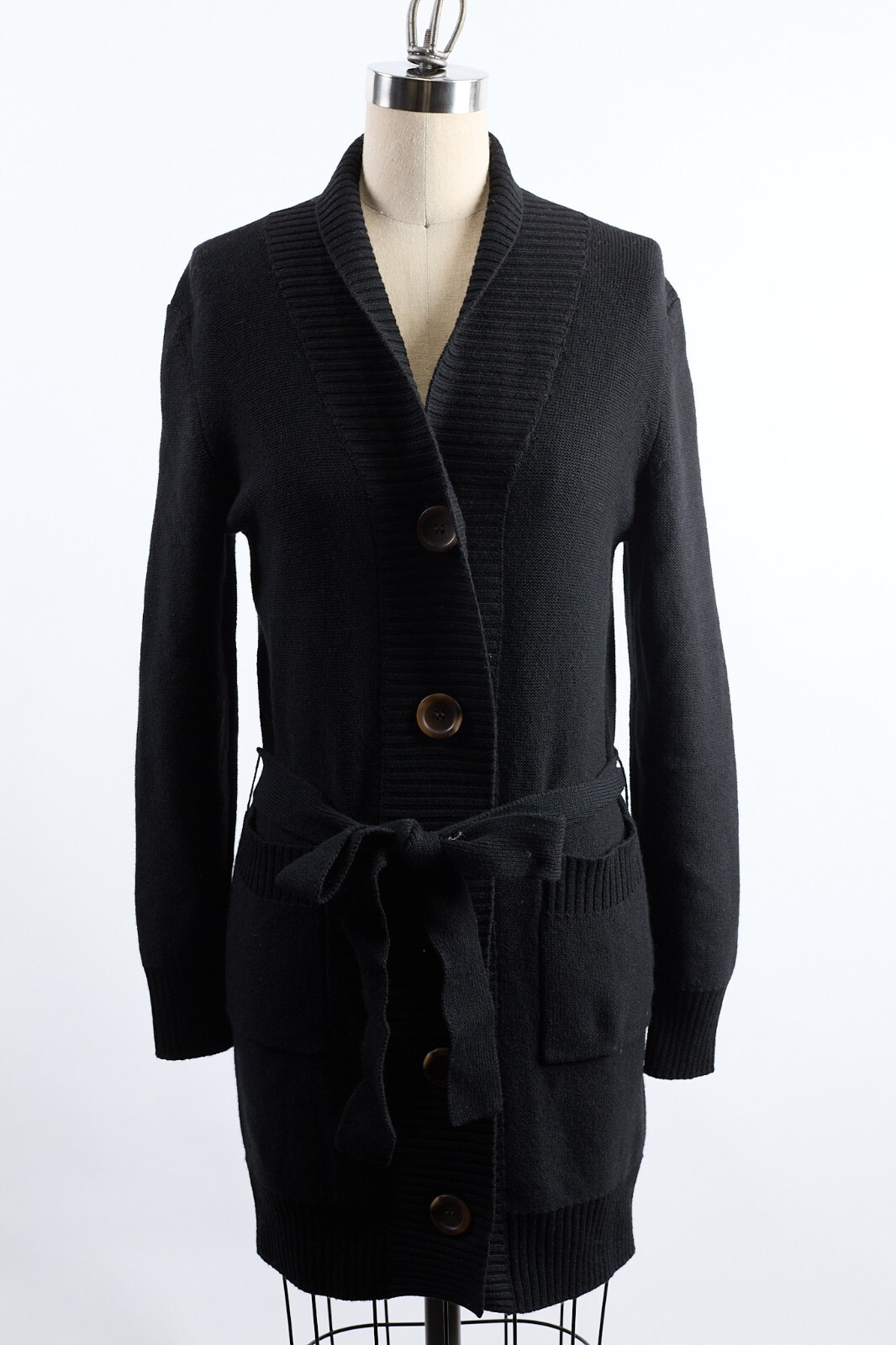 turn-down collar long-sleeve button long cardigan with a belt | 100% Cashmere